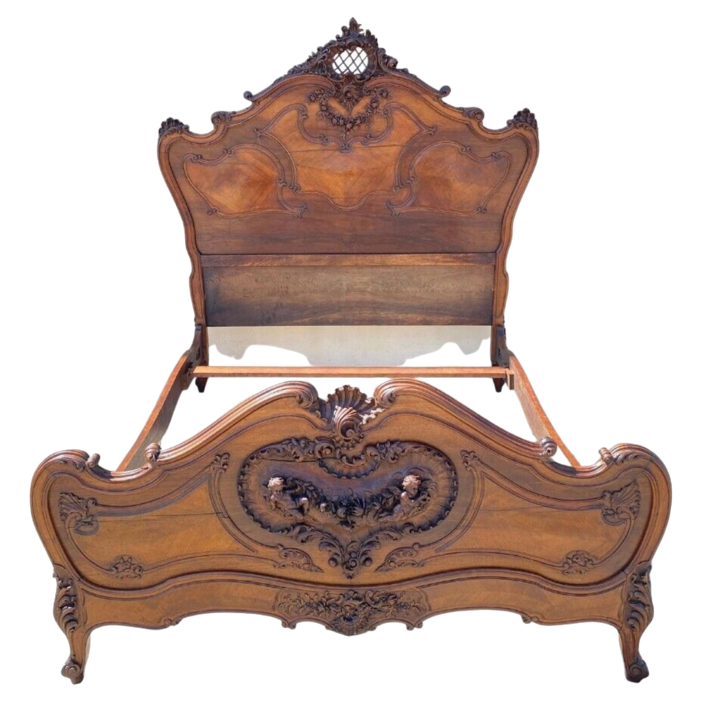 Antique French Rococo Louis XV Style Carved Walnut Cherubs & Heart Bed Frame
