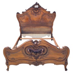 Vintage French Rococo Louis XV Style Carved Walnut Cherubs & Heart Bed Frame