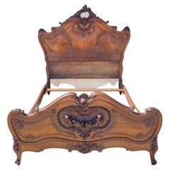 Antique French Rococo Louis XV Style Carved Walnut Cherubs & Heart Bed Frame