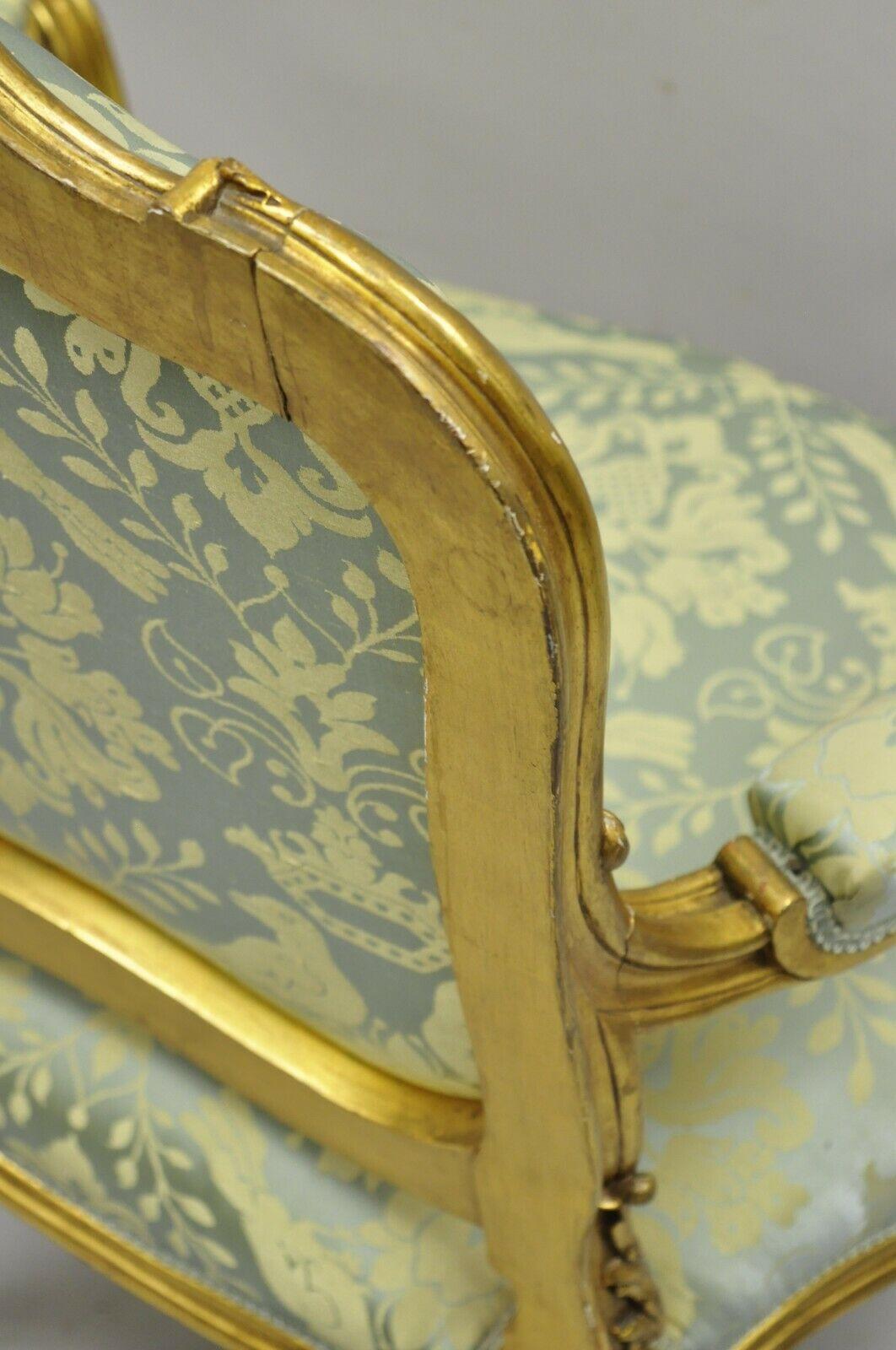 Antique French Rococo Louis XV Victorian Gold Giltwood Green Silk Parlor Chair 5