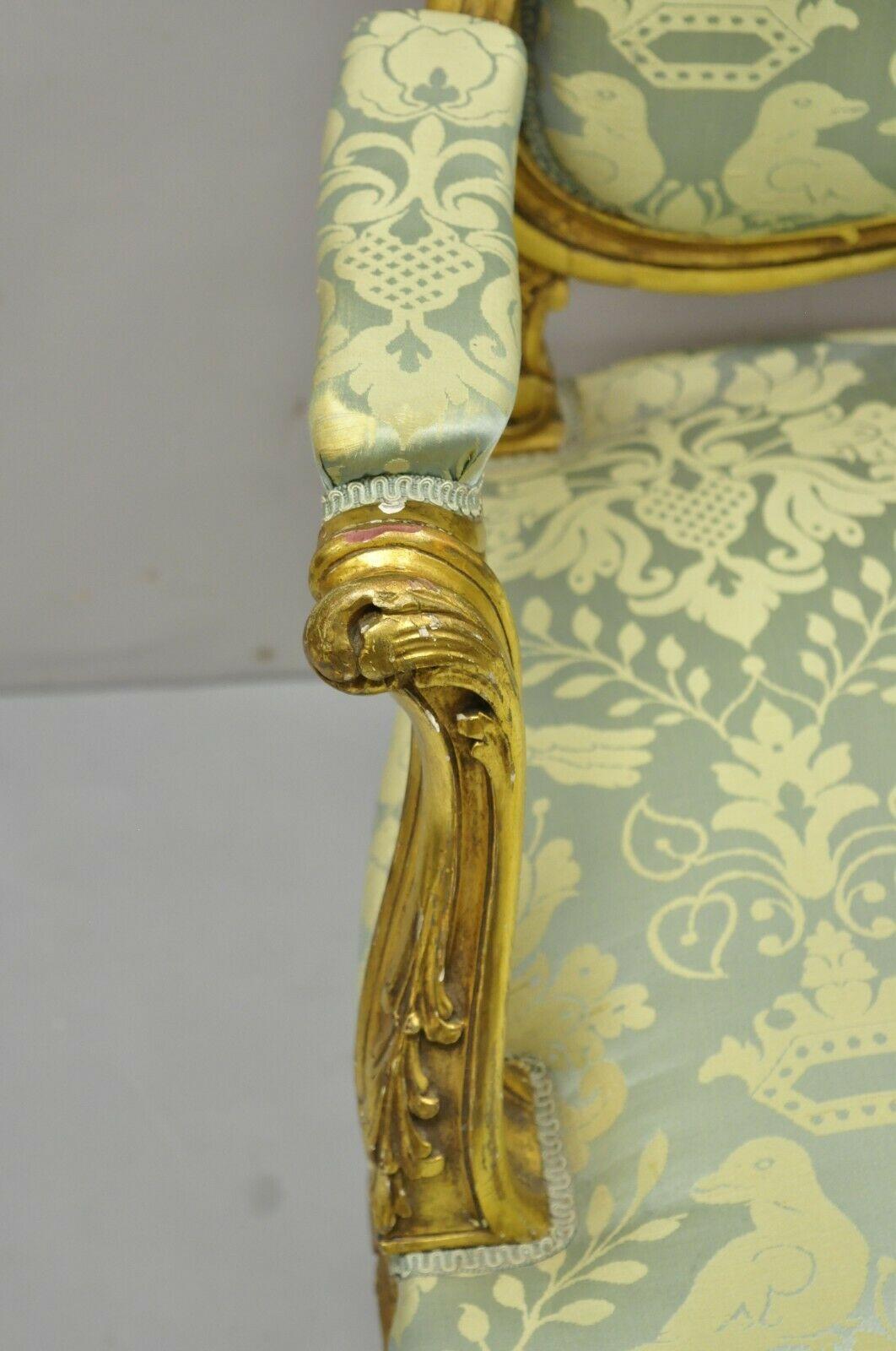 Antique French Rococo Louis XV Victorian Gold Giltwood Green Silk Parlor Chair 6