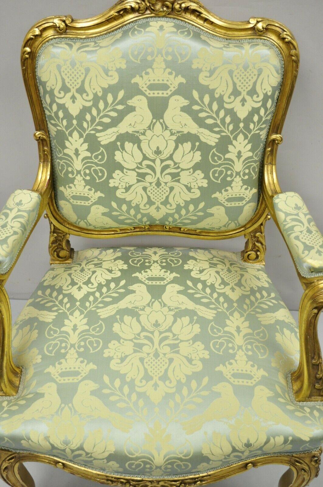 Antique French Rococo Louis XV Victorian Gold Giltwood Green Silk Parlor Chair 7