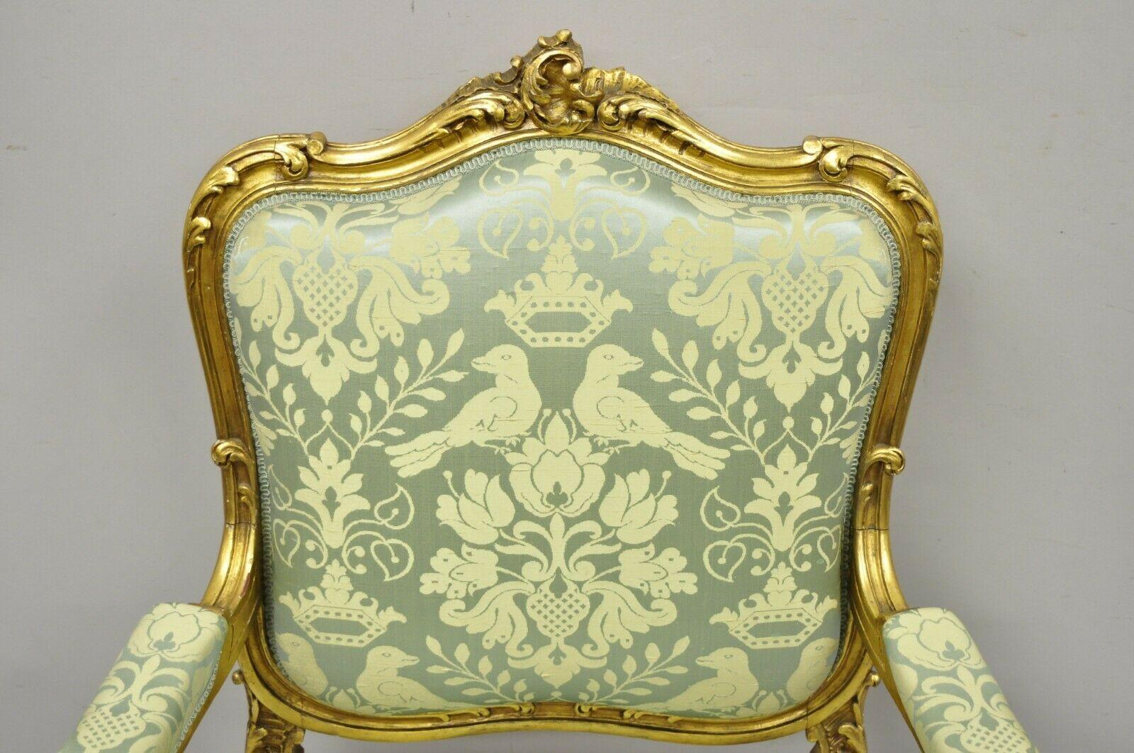 Antique French Rococo Louis XV Victorian Gold Giltwood Green Silk Parlor Chair In Good Condition In Philadelphia, PA