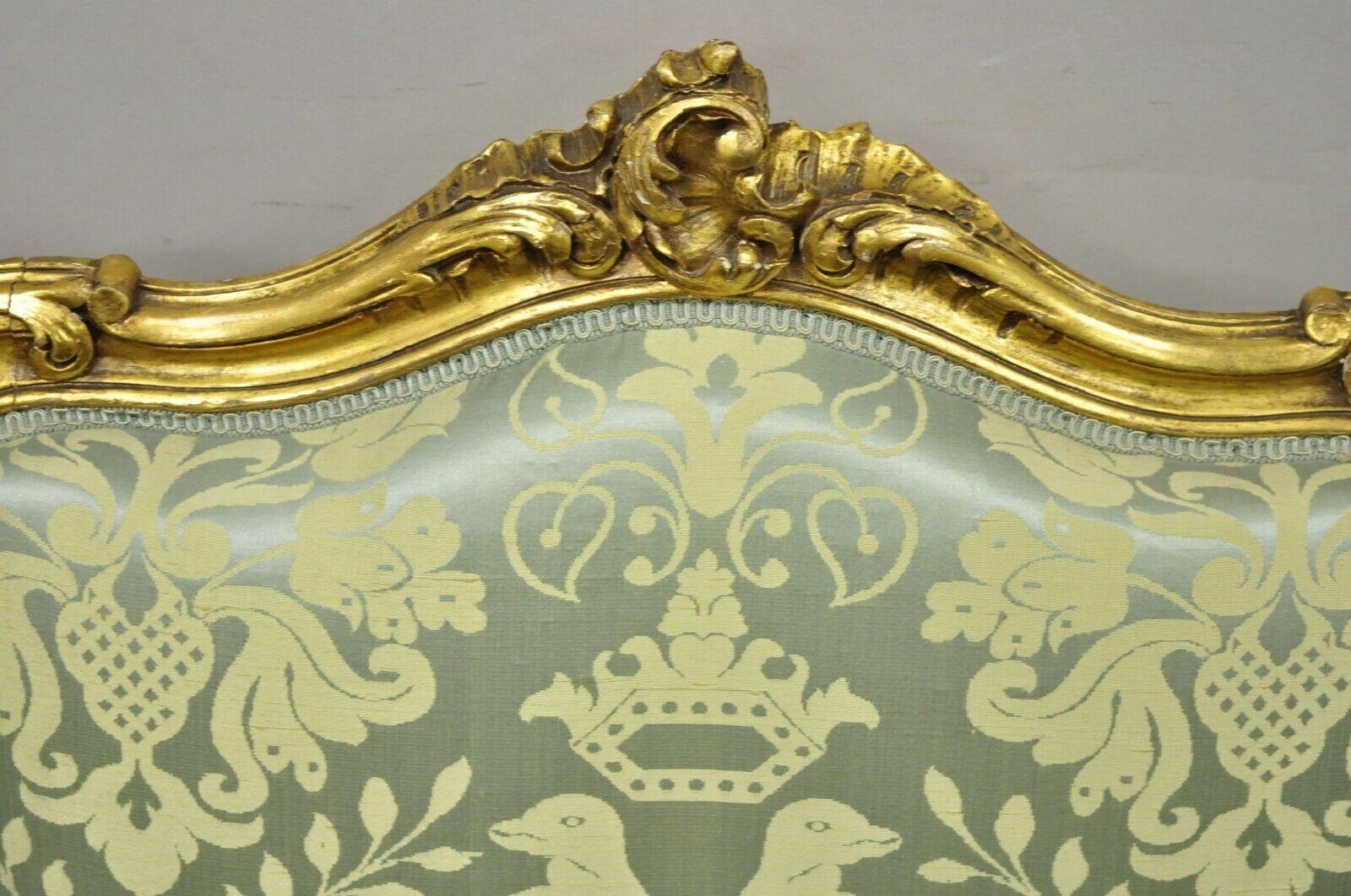 19th Century Antique French Rococo Louis XV Victorian Gold Giltwood Green Silk Parlor Chair