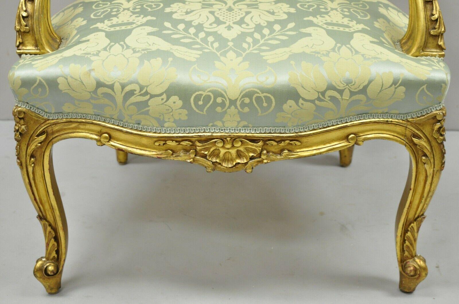 Fabric Antique French Rococo Louis XV Victorian Gold Giltwood Green Silk Parlor Chair