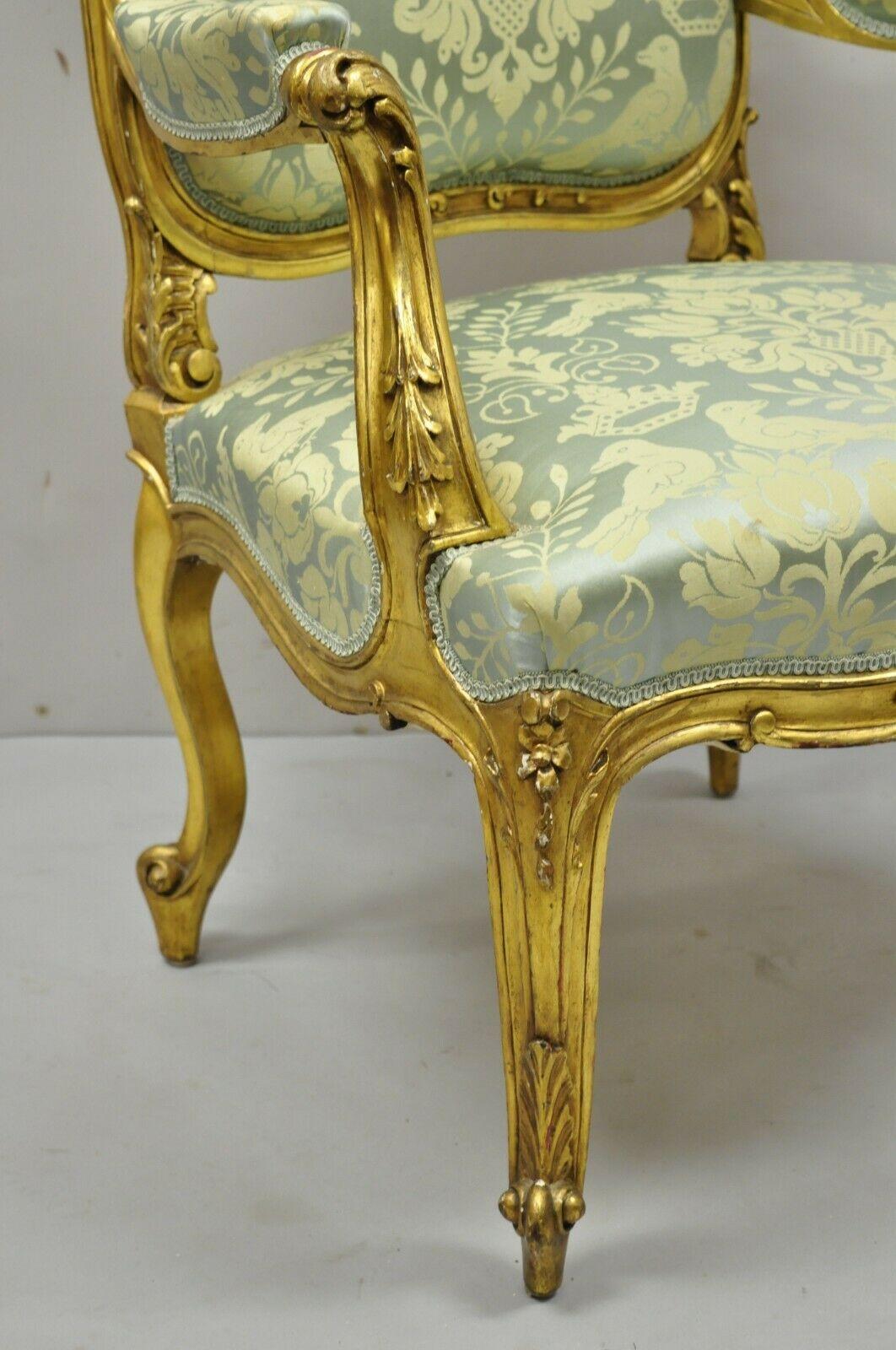 Antique French Rococo Louis XV Victorian Gold Giltwood Green Silk Parlor Chair 1
