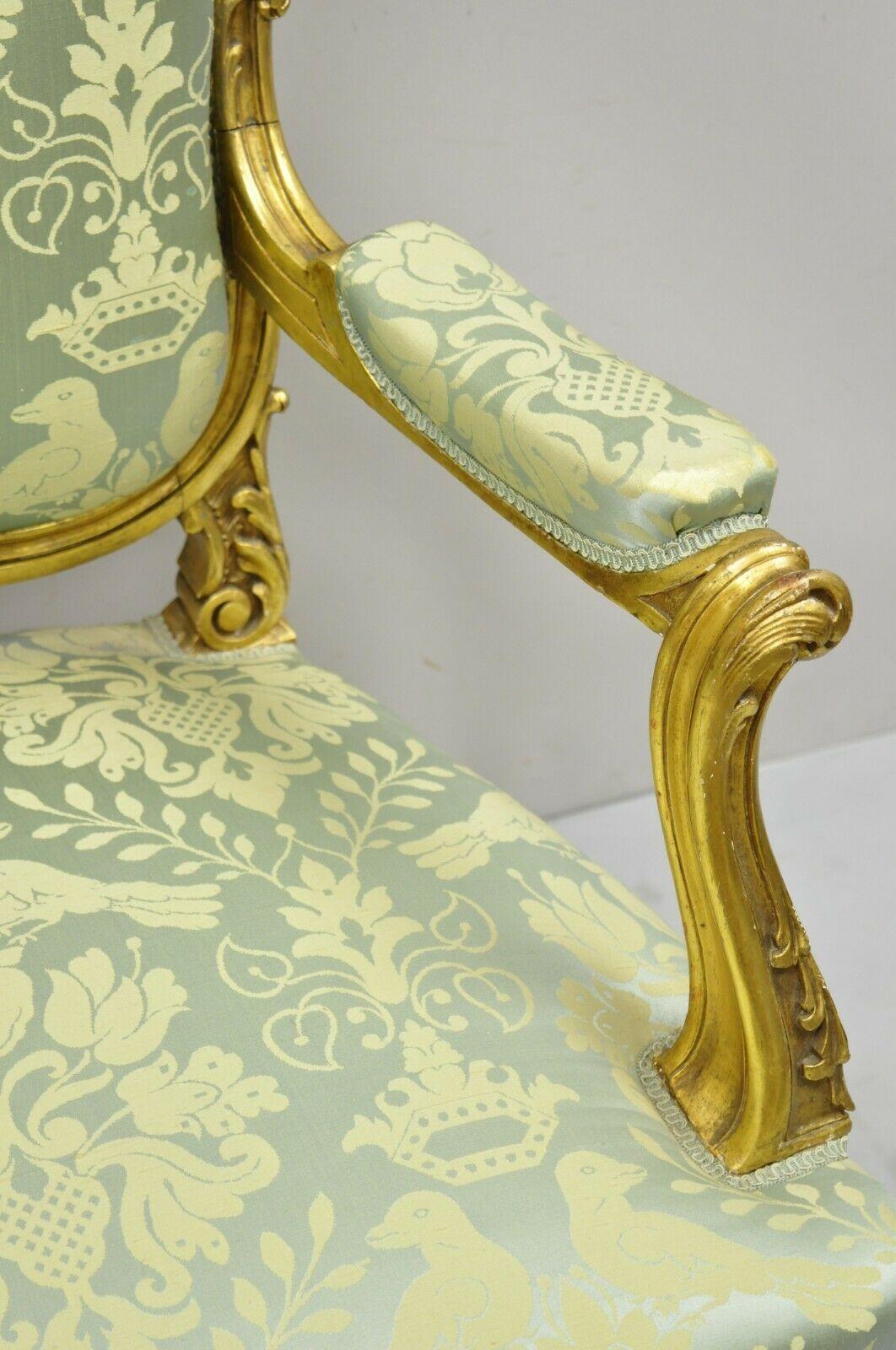 Antique French Rococo Louis XV Victorian Gold Giltwood Green Silk Parlor Chair 2