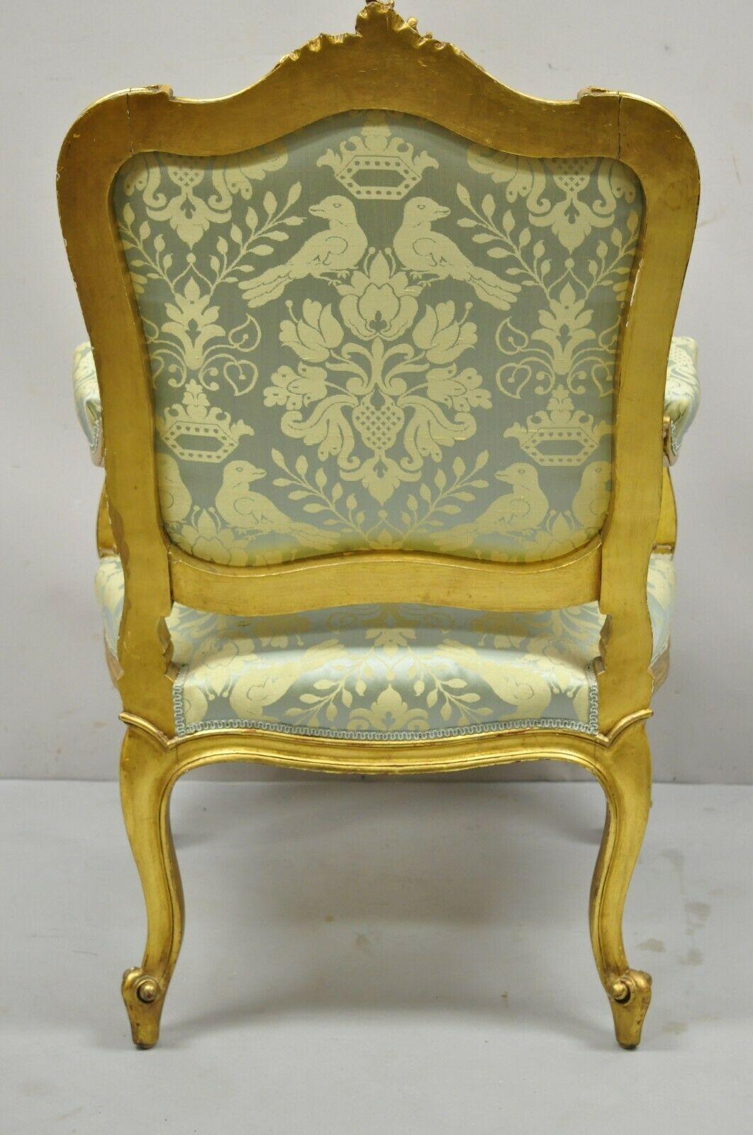 Antique French Rococo Louis XV Victorian Gold Giltwood Green Silk Parlor Chair 3
