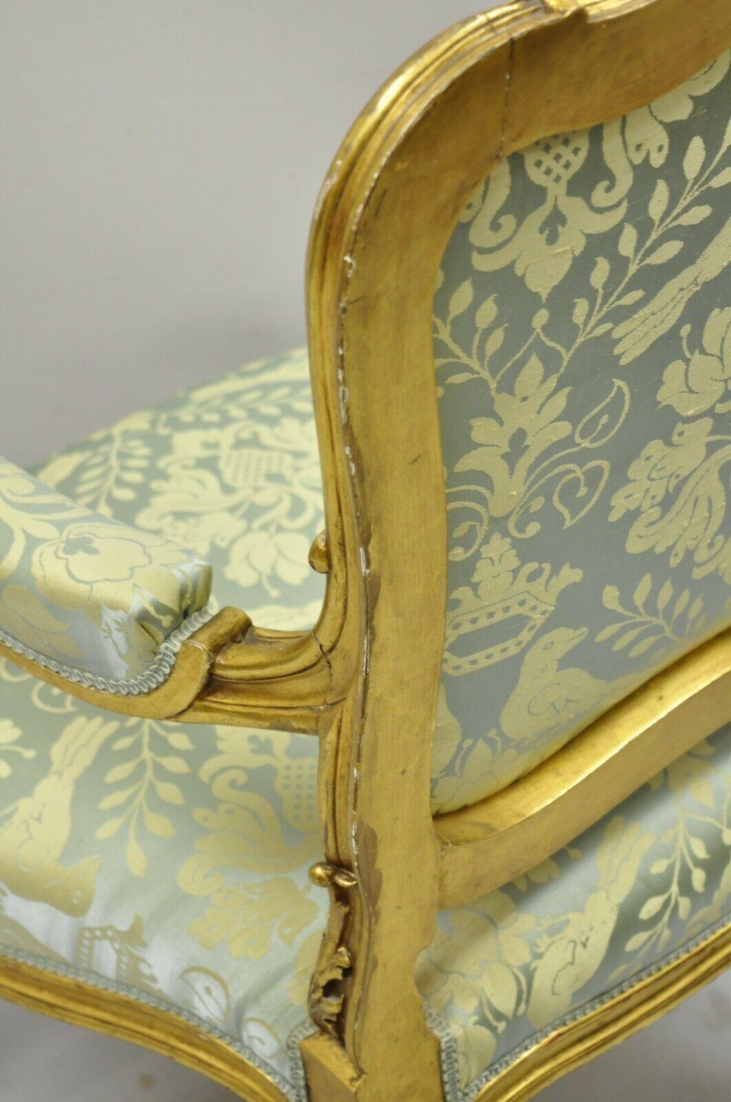 Antique French Rococo Louis XV Victorian Gold Giltwood Green Silk Parlor Chair 4