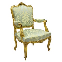 Antique French Rococo Louis XV Victorian Gold Giltwood Green Silk Parlor Chair