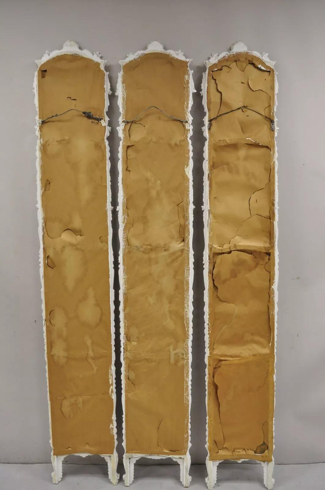 Antique French Rococo Louis XV White Carved Wood Tall Narrow Mirrors - 3 Pcs For Sale 4