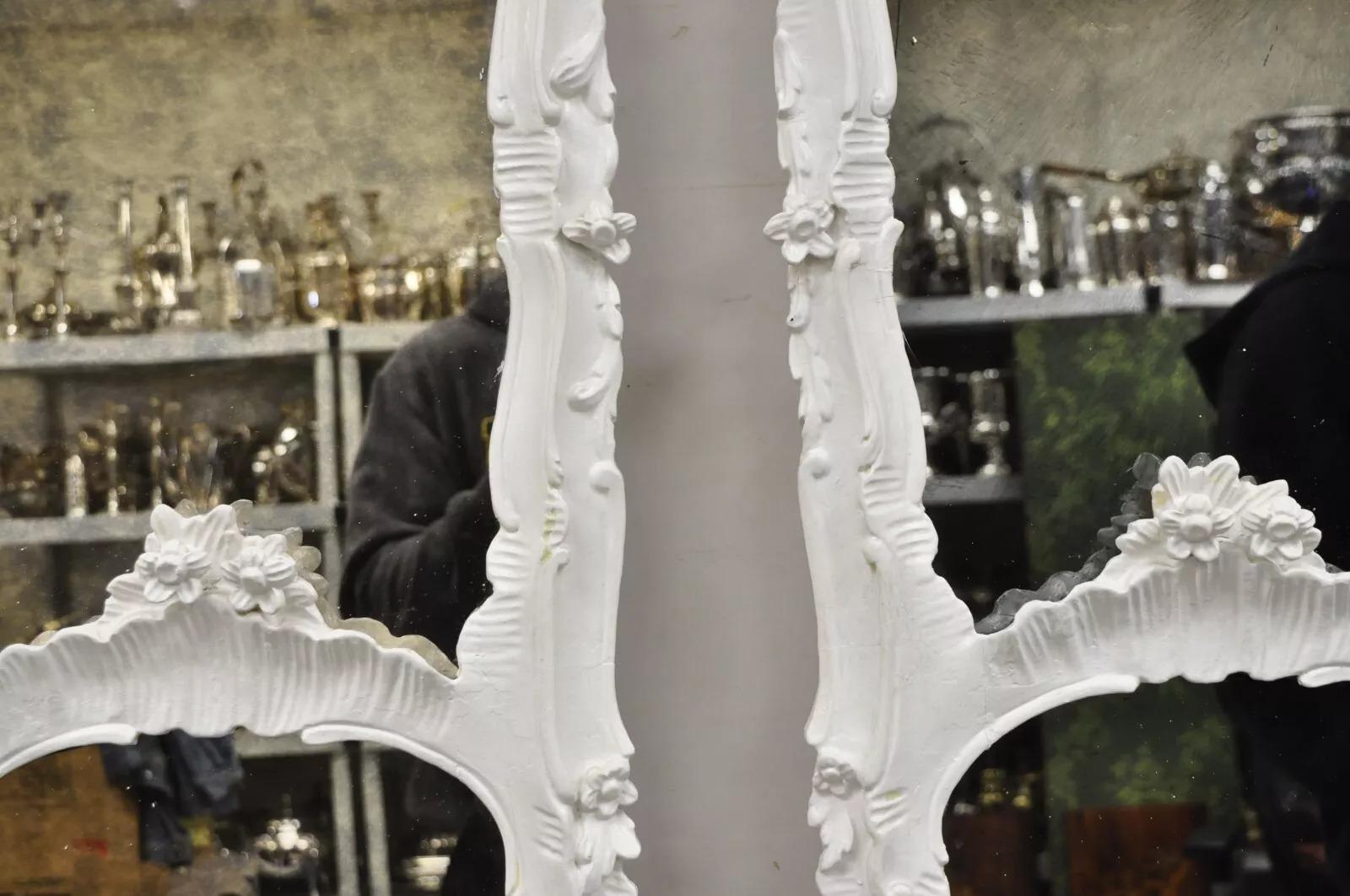 Antique French Rococo Louis XV White Carved Wood Tall Narrow Mirrors - 3 Pcs For Sale 5