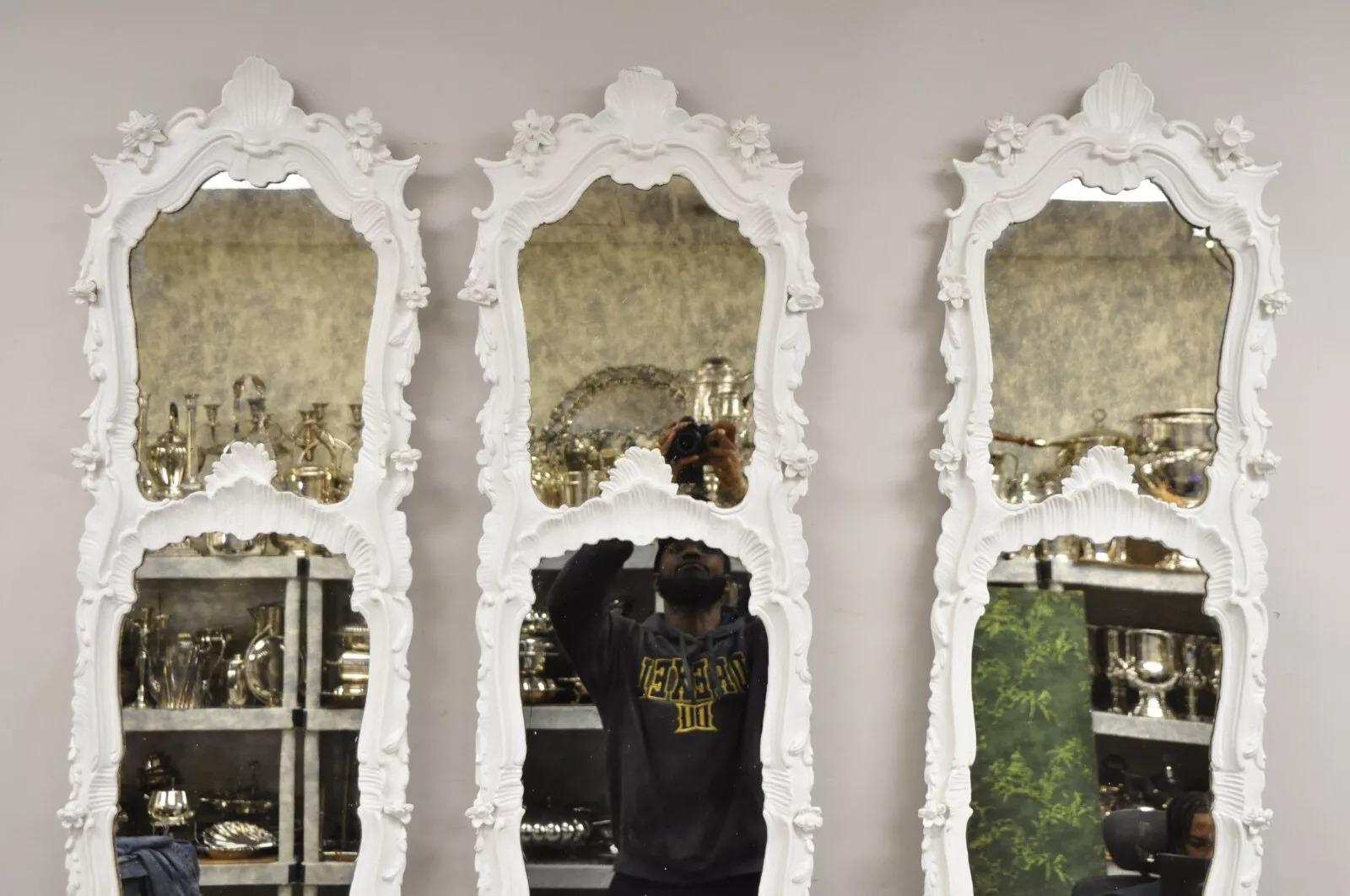 Unknown Antique French Rococo Louis XV White Carved Wood Tall Narrow Mirrors - 3 Pcs For Sale