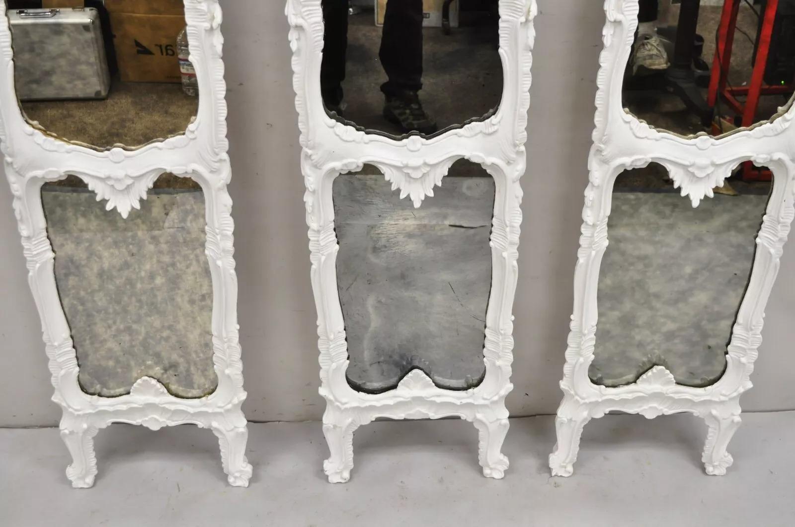 Antique French Rococo Louis XV White Carved Wood Tall Narrow Mirrors - 3 Pcs In Good Condition For Sale In Philadelphia, PA