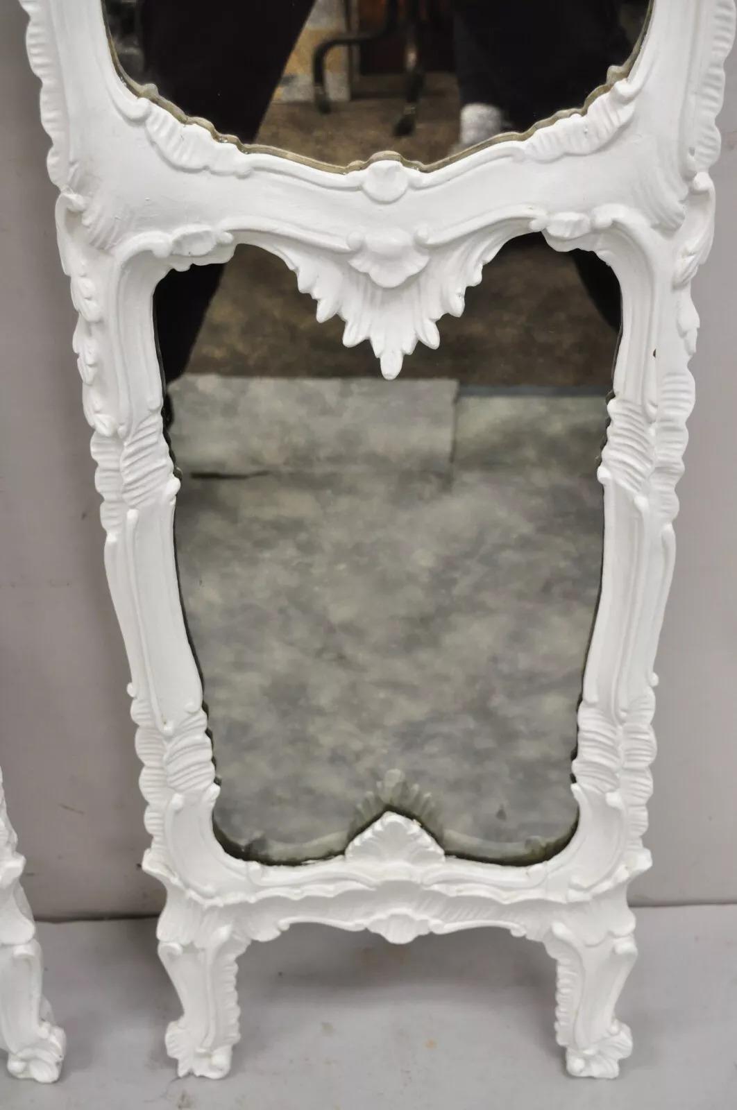Antique French Rococo Louis XV White Carved Wood Tall Narrow Mirrors - 3 Pcs For Sale 1