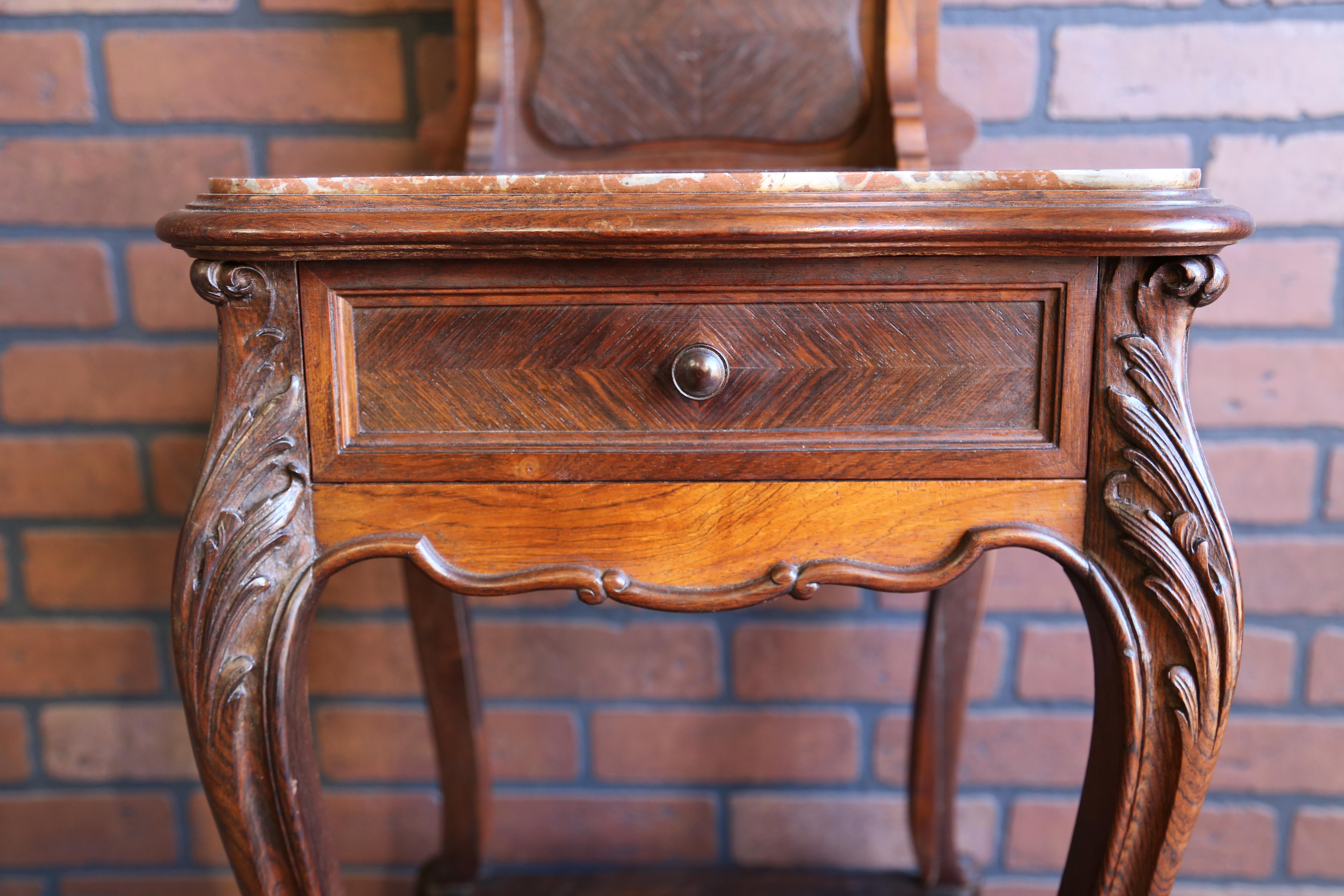 Hand-Carved Antique French Rococo Marble Top Nightstand For Sale
