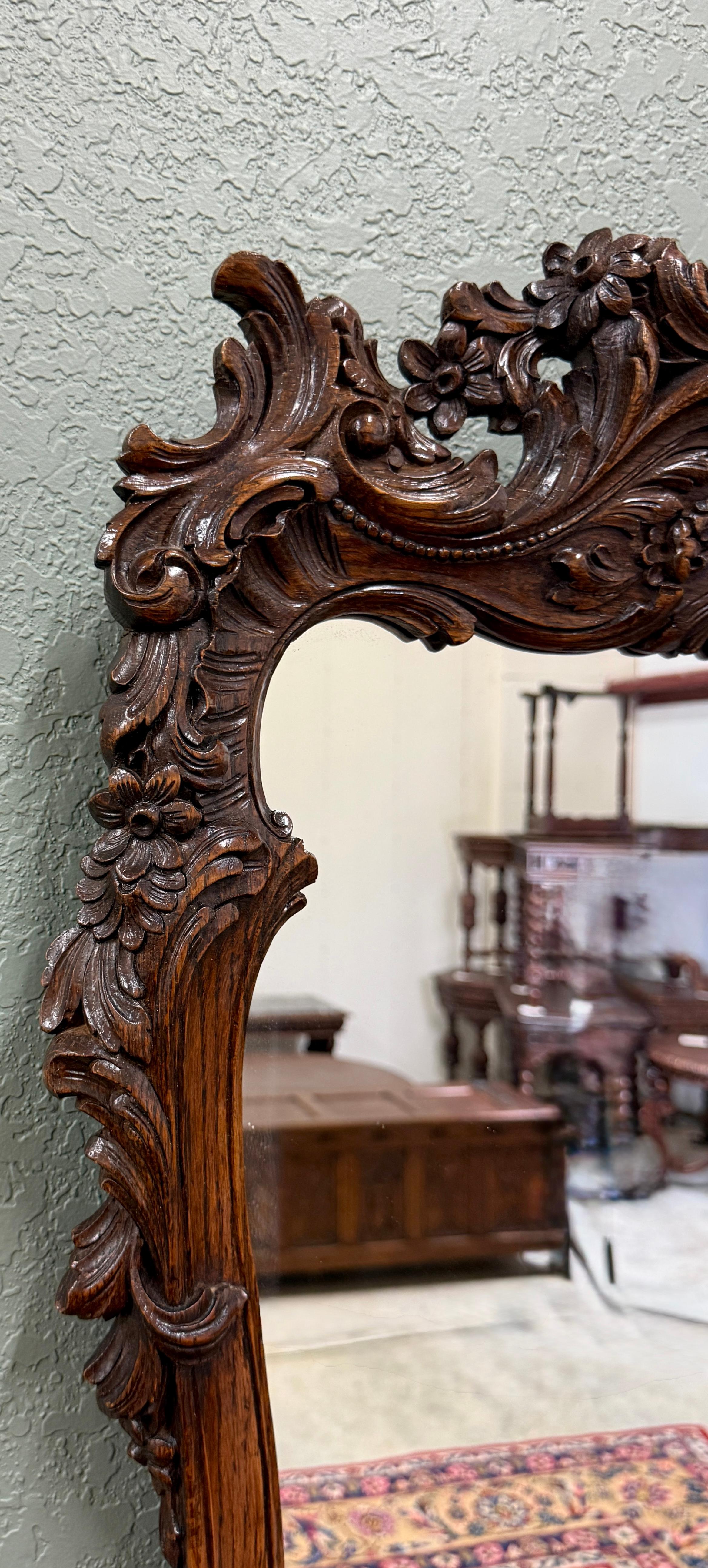 Antique French Rococo Mirror gerahmt Hanging Wall Mirror Rectangular Carved Oak im Angebot 5
