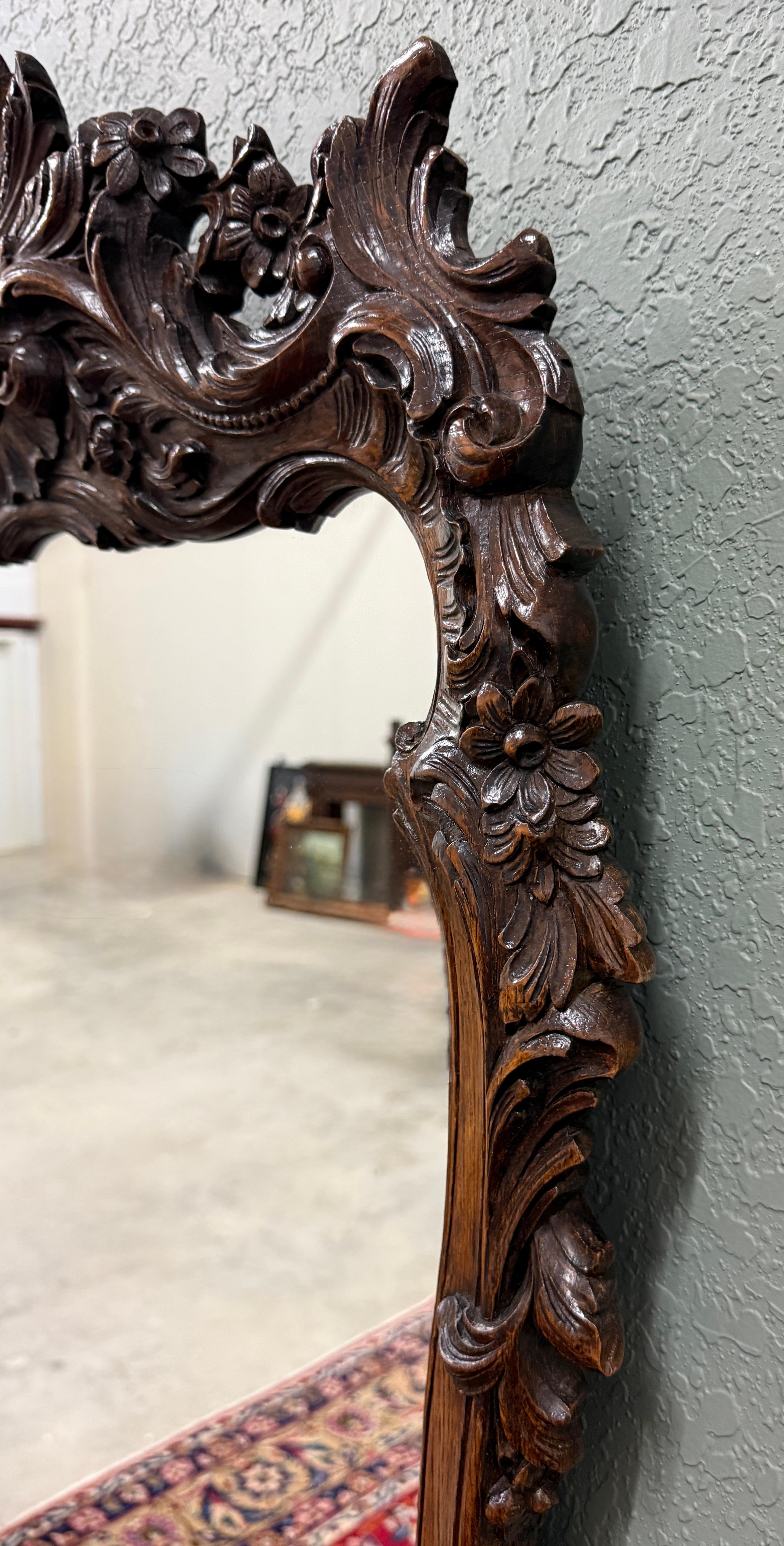 Antique French Rococo Mirror gerahmt Hanging Wall Mirror Rectangular Carved Oak im Angebot 7