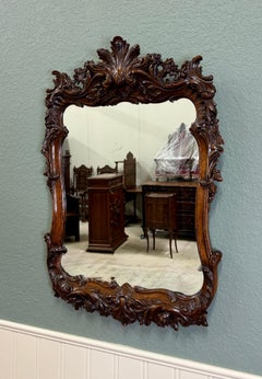 Antique French Rococo Mirror Framed Hanging Wall Mirror Rectangular Carved Oak
