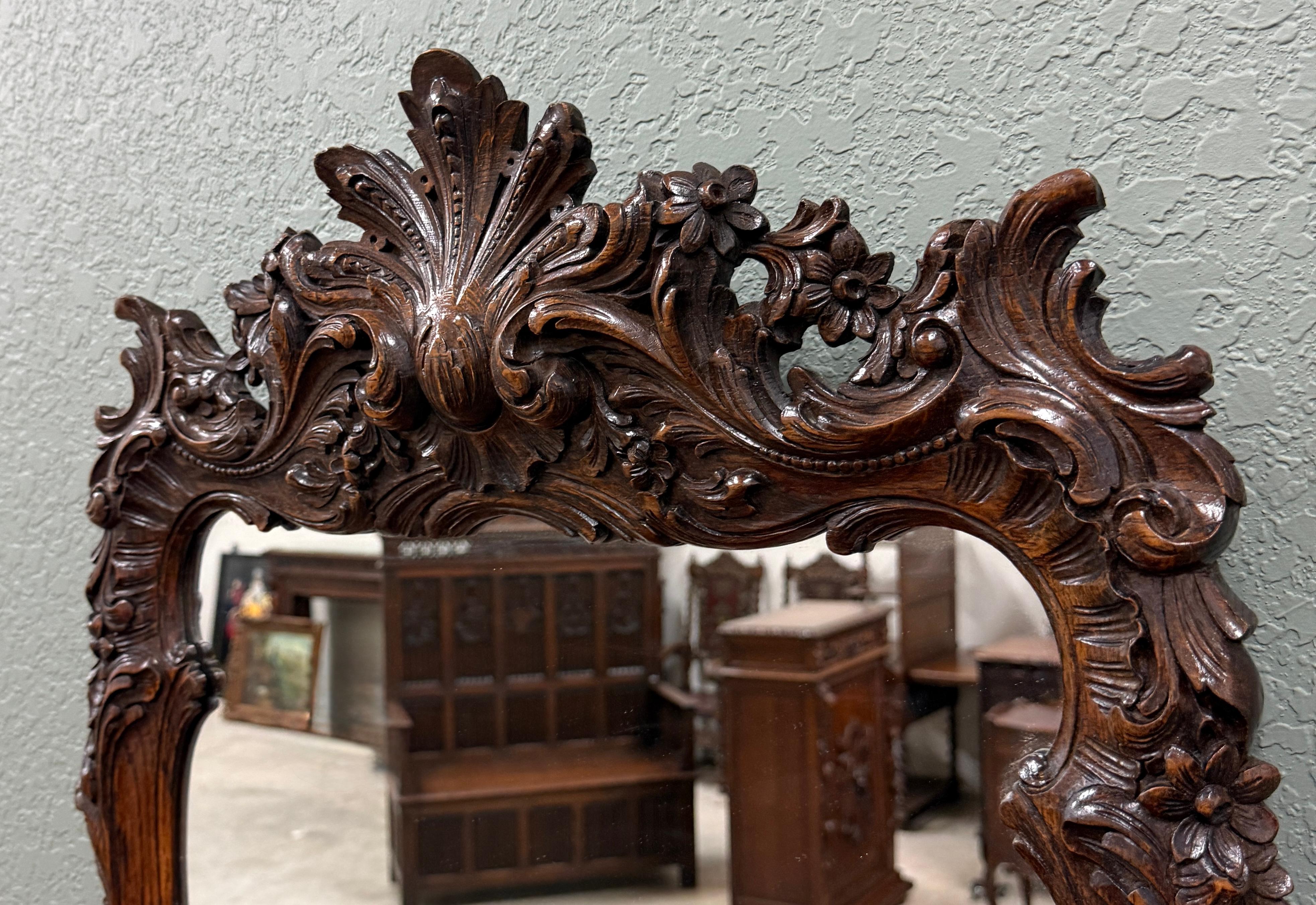 Antique French Rococo Mirror gerahmt Hanging Wall Mirror Rectangular Carved Oak im Zustand „Gut“ im Angebot in Tyler, TX