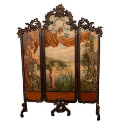 Antique French Rococo Oil Canvas Walnut Painting Landscape Cherubs Screen 1870