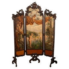 Antique French Rococo Oil Canvas Walnut Painting Landscape Cherubs Screen 1870