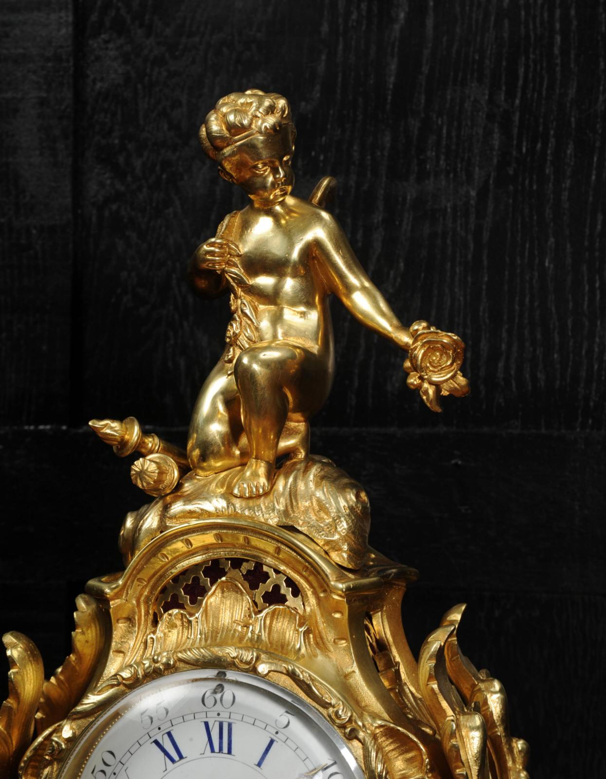 Antique French Rococo Ormolu Clock, Cupid 9