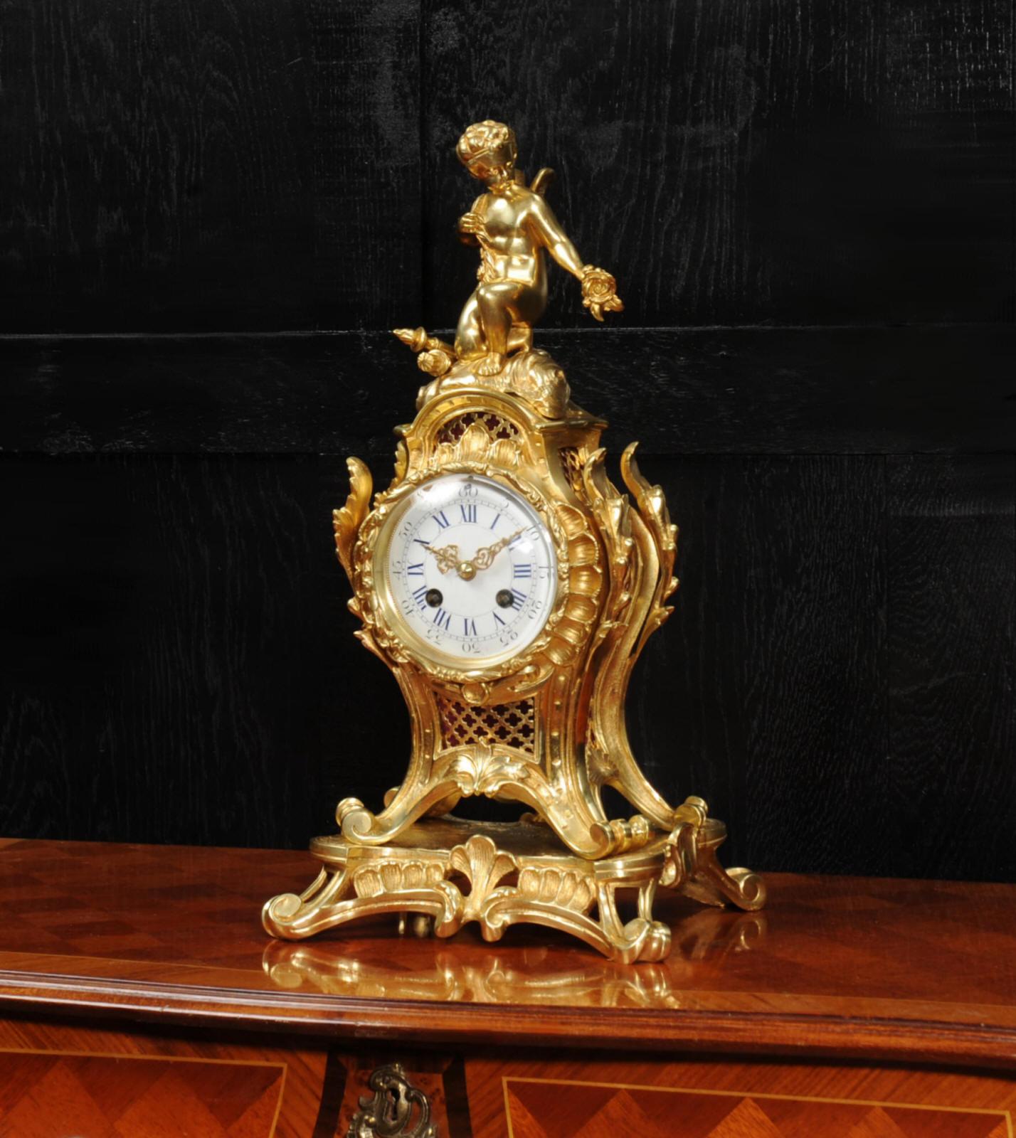 Antique French Rococo Ormolu Clock, Cupid In Good Condition In Belper, Derbyshire