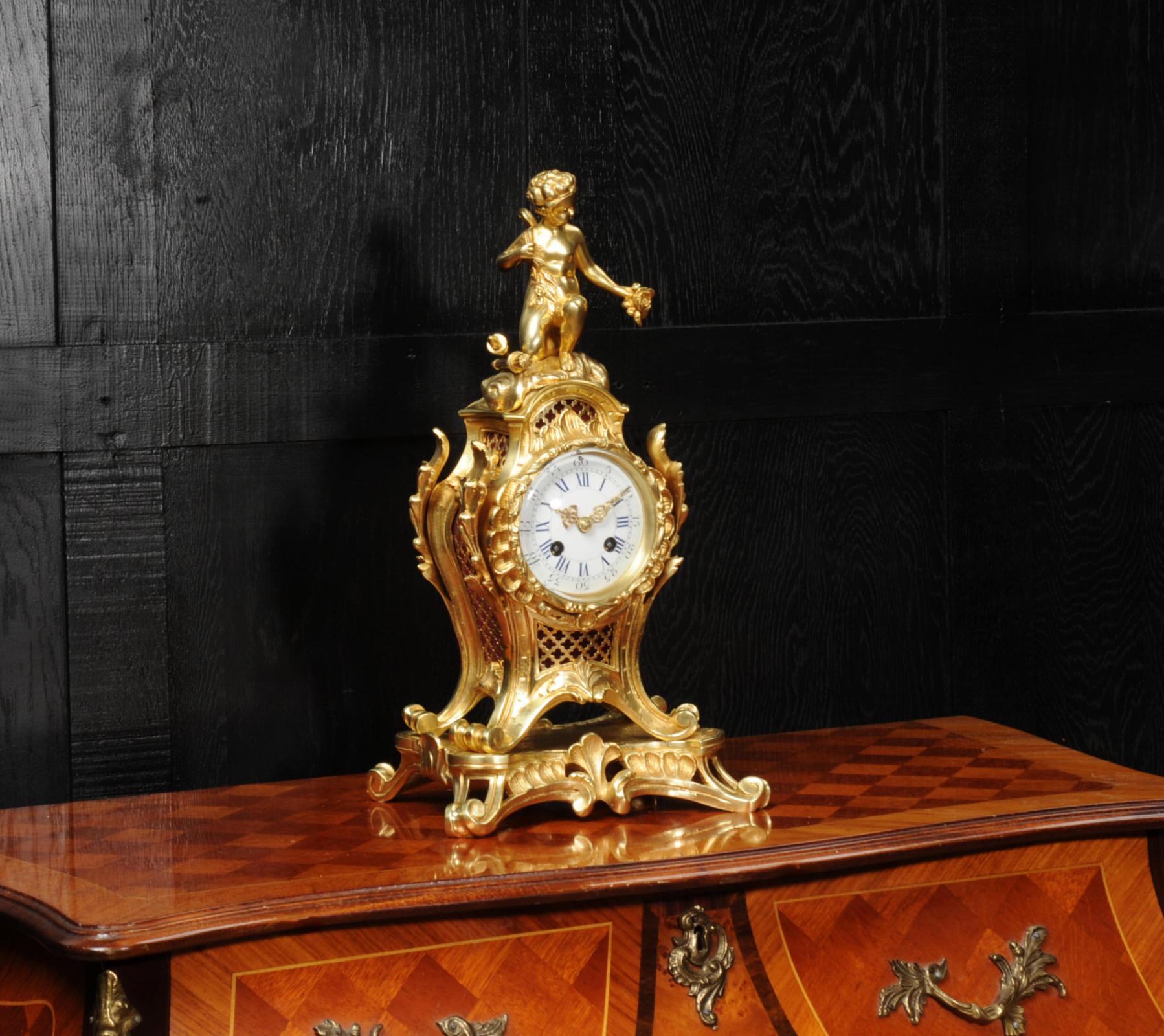 19th Century Antique French Rococo Ormolu Clock, Cupid