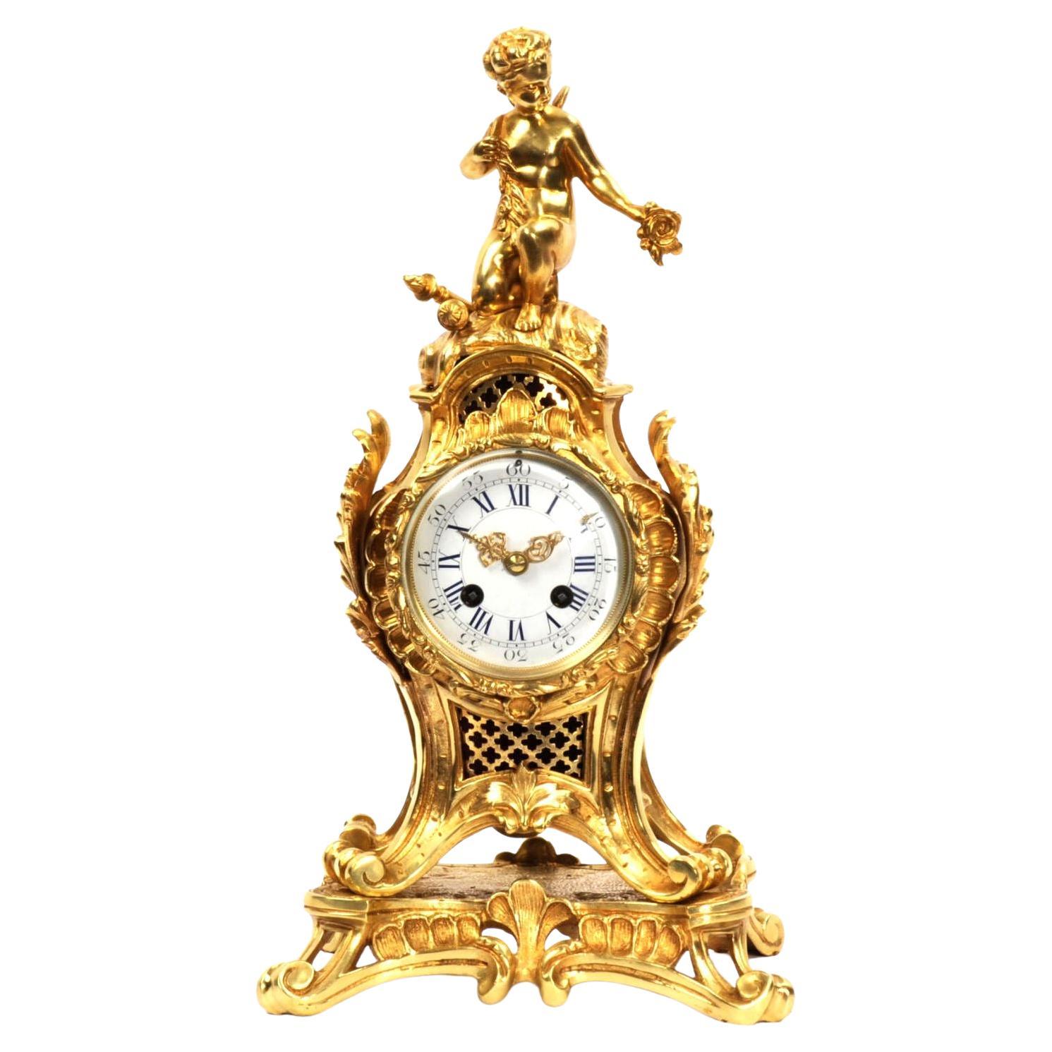 Antique French Rococo Ormolu Clock, Cupid