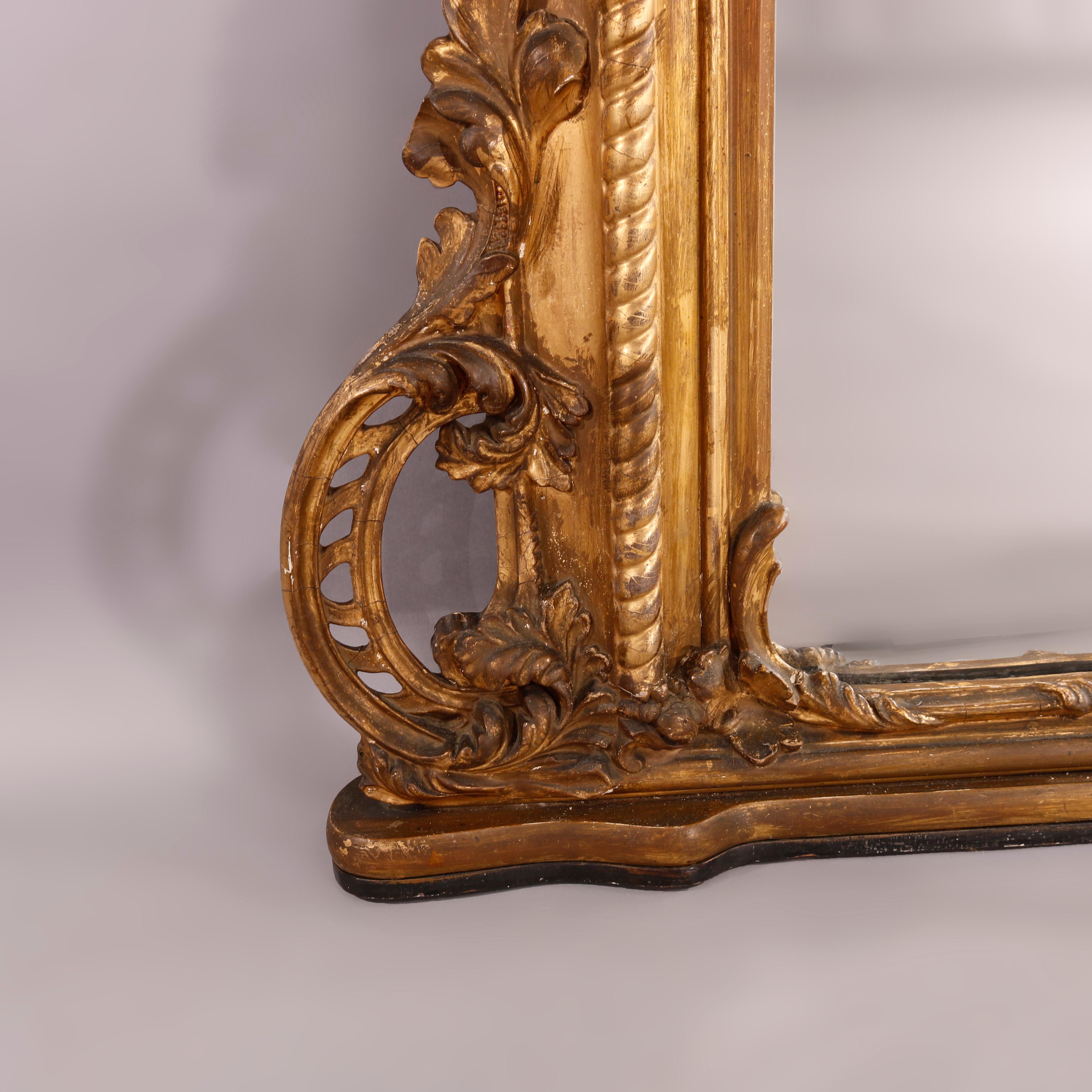 19th Century Antique French Rococo Oversized Gold Leaf Over Mantle Pier Mirror, 19th C