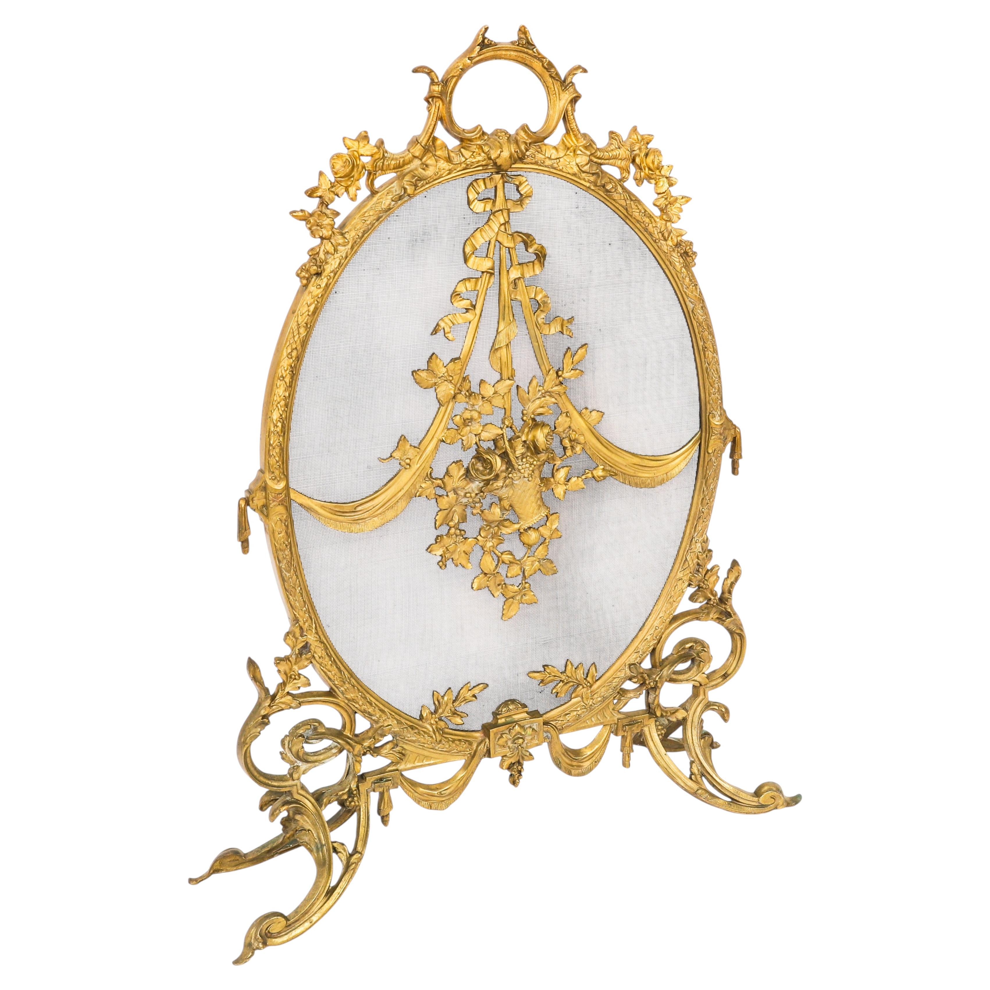 Antique French Rococo Revival Brass Fire Screen 19th Century