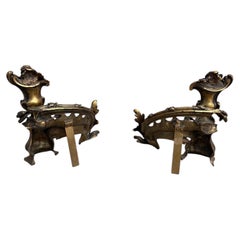 Antique French Rococo Revival Bronze Chenets Andirons – Pair
