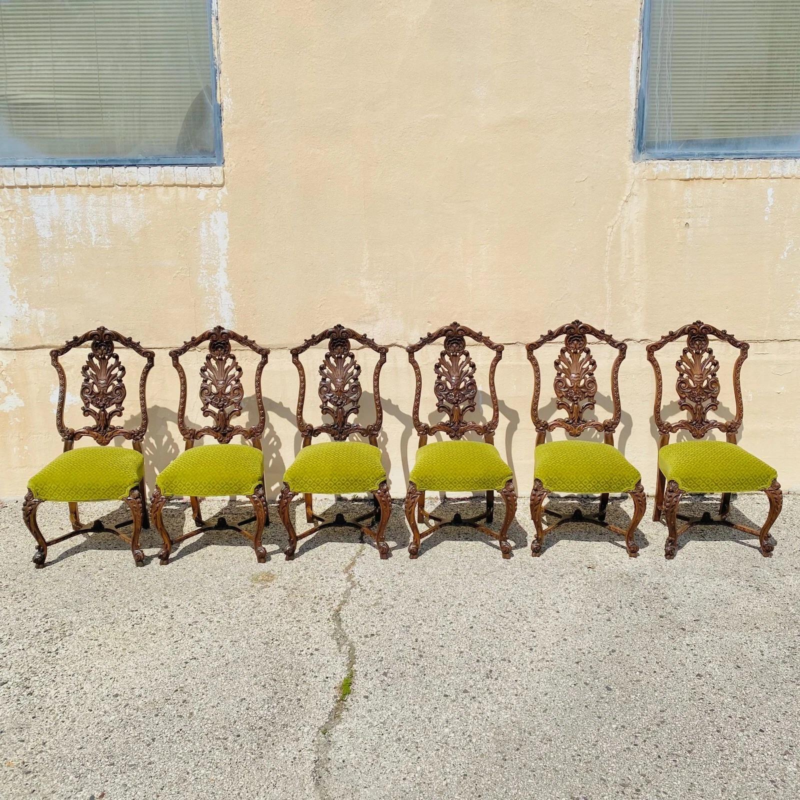 Antique French Rococo Revival Carved Walnut Dining Side Chairs - Set of 6 im Angebot 5