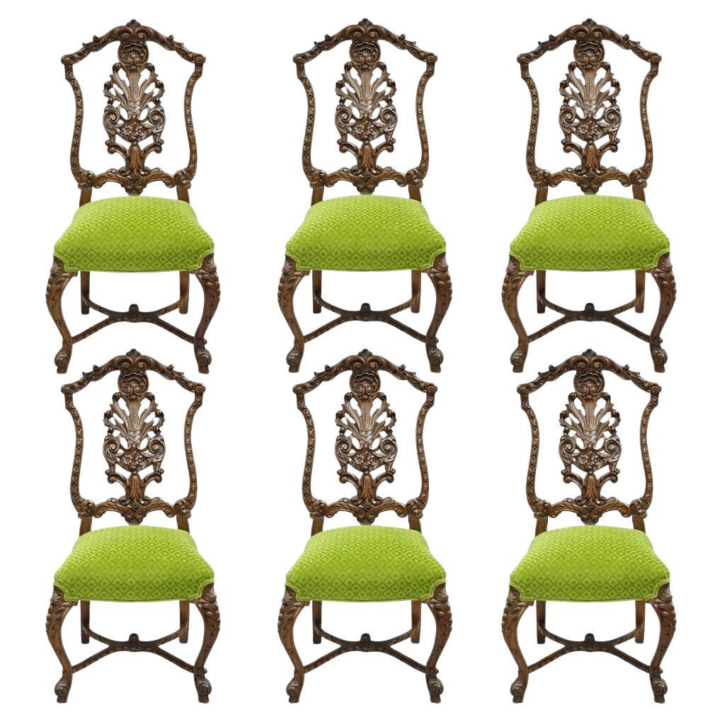 Antique French Rococo Revival Carved Walnut Dining Side Chairs - Set of 6 im Angebot