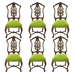 Antique French Rococo Revival Carved Walnut Dining Side Chairs - Set of 6