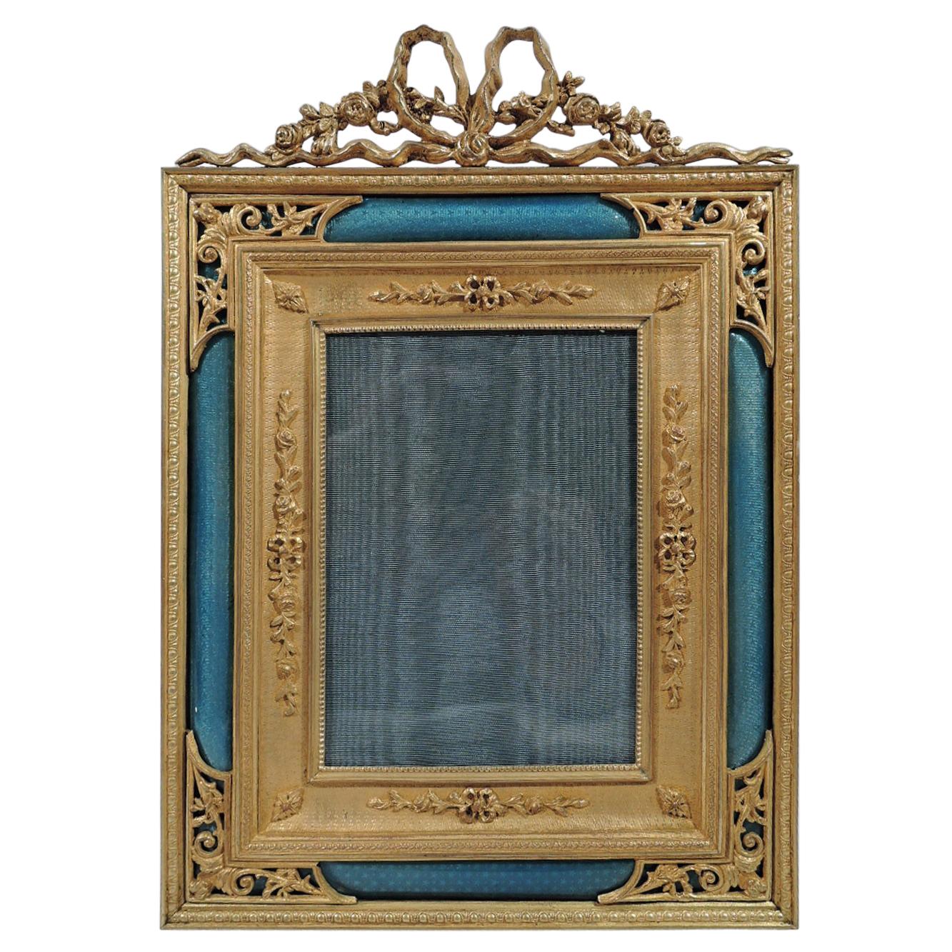Antique French Rococo Revival Gilt Bronze and Blue Enamel Picture Frame