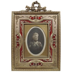 Antique French Rococo Revival Gilt Bronze and Red Enamel Picture Frame