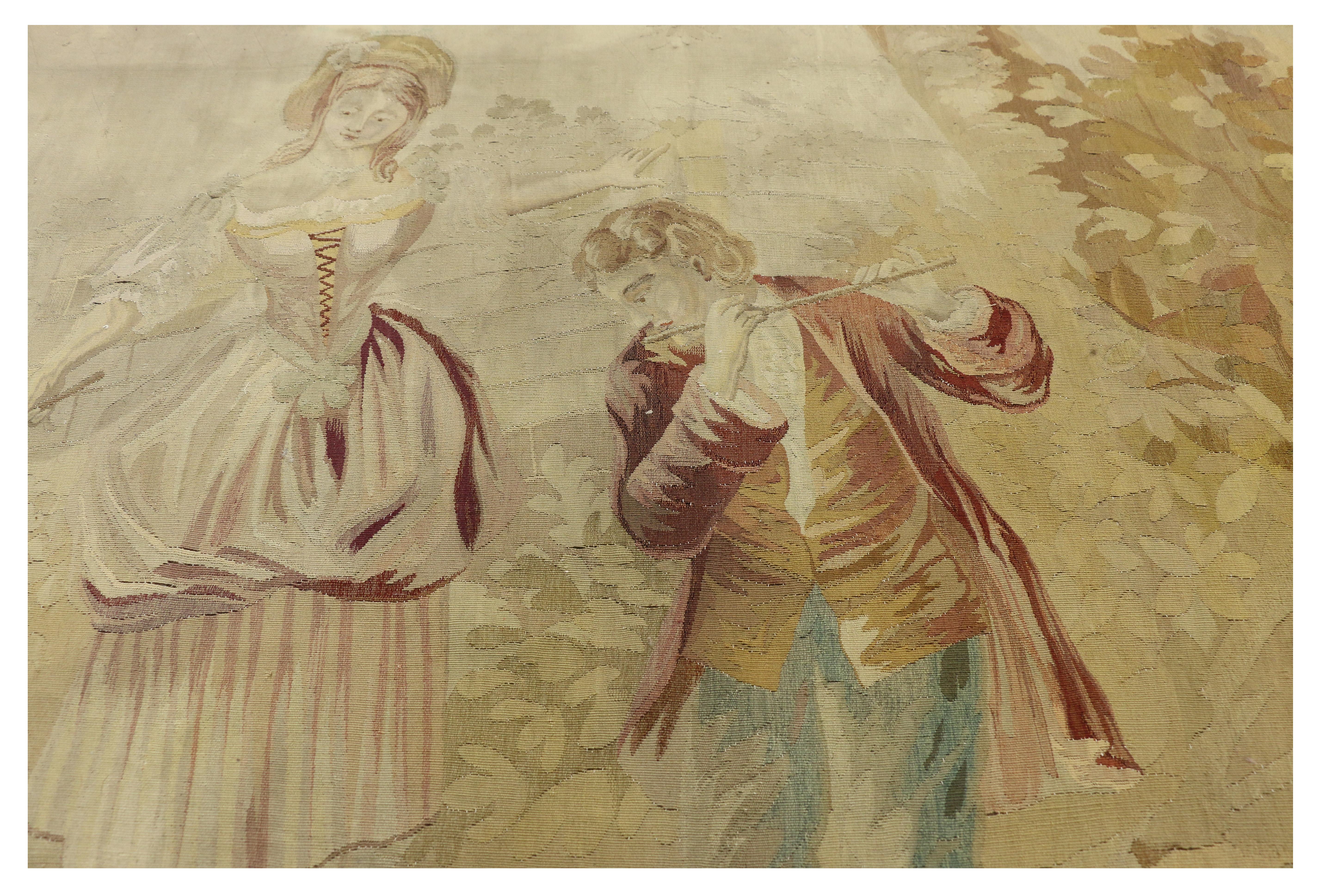 Hand-Woven Antique French Rococo Romantic Pastoral Tapestry Inspired by Francois Boucher For Sale