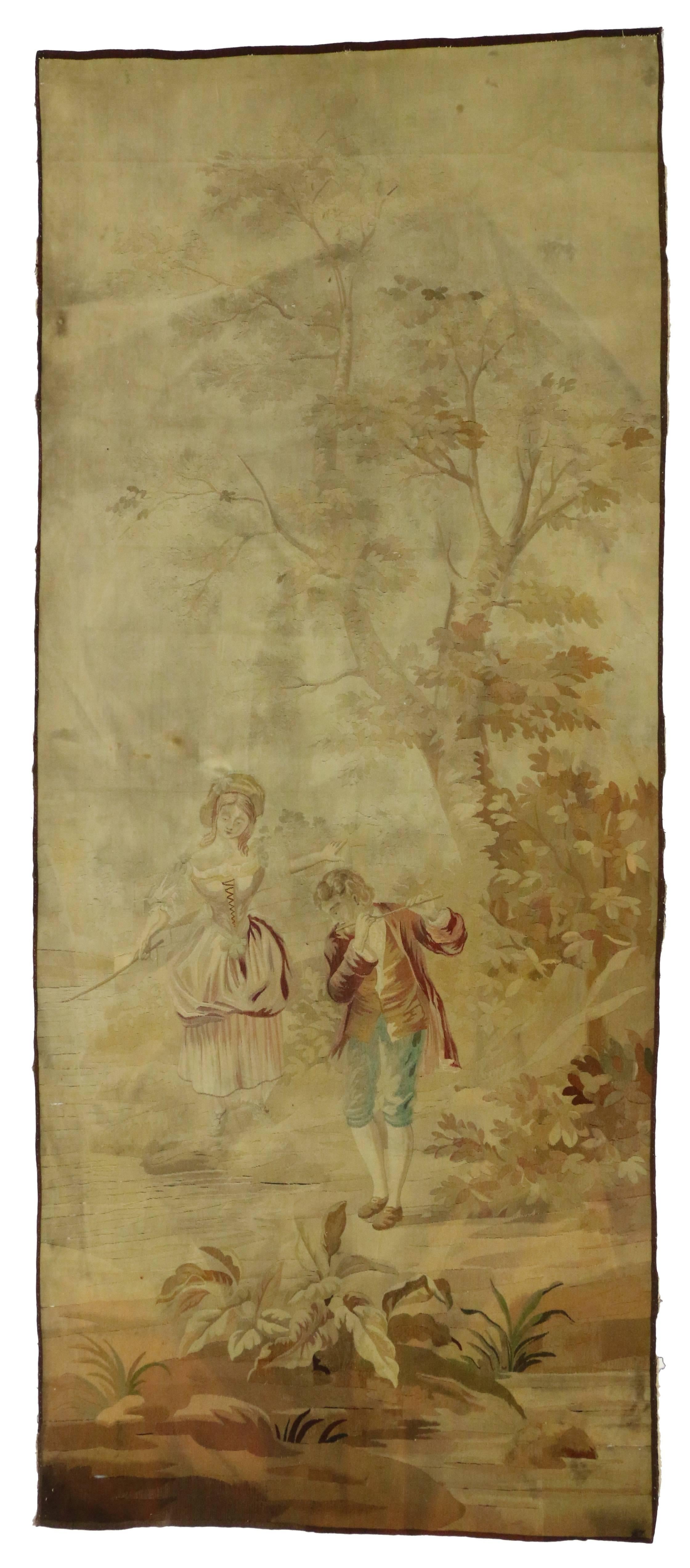 Antique French Rococo Romantic Pastoral Tapestry Inspired by Francois Boucher For Sale 2
