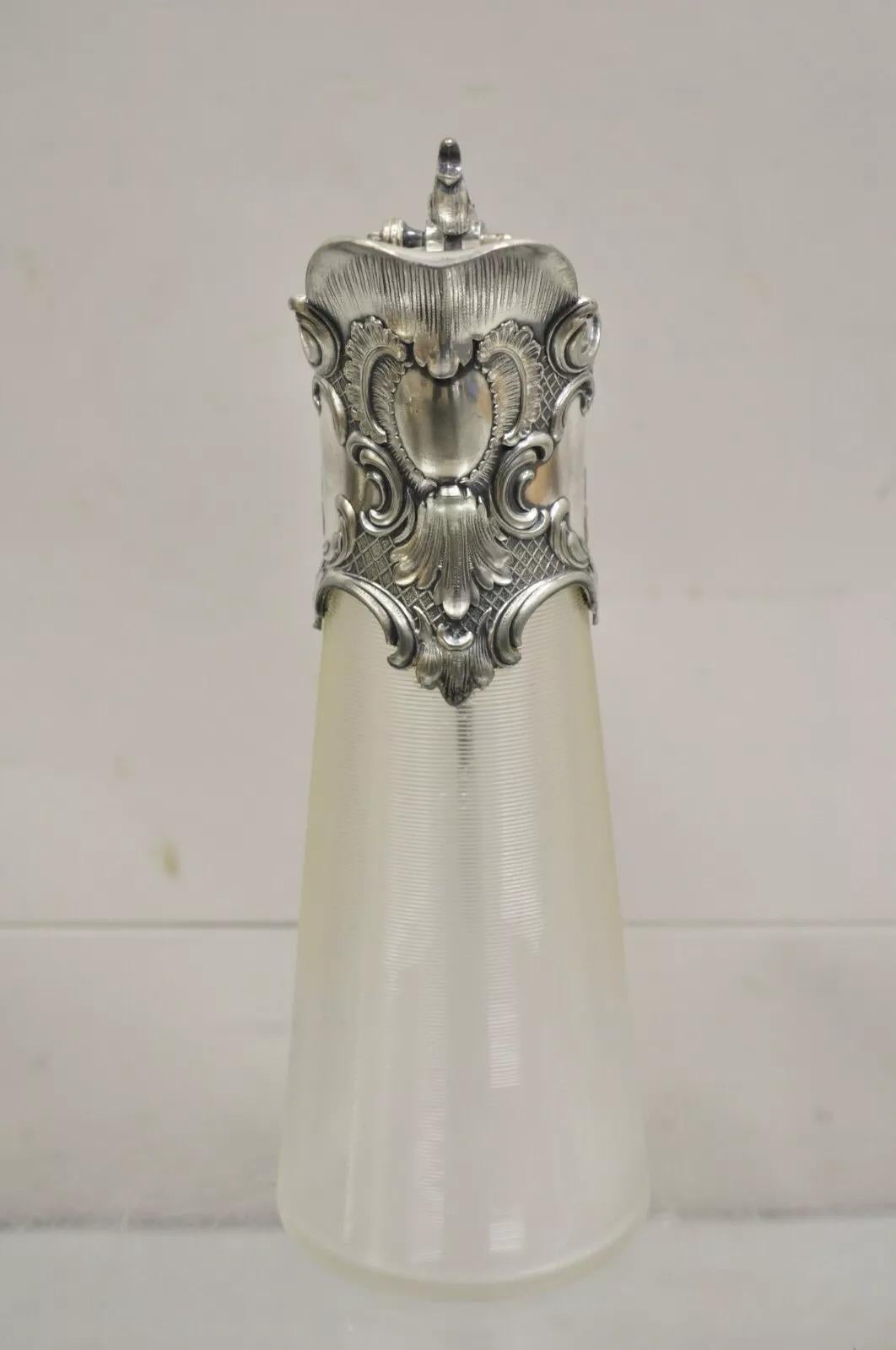 XIX secolo Antique French Rococo Silver Plated Ribbed Glass Liqueur Decanter Bottle in vendita