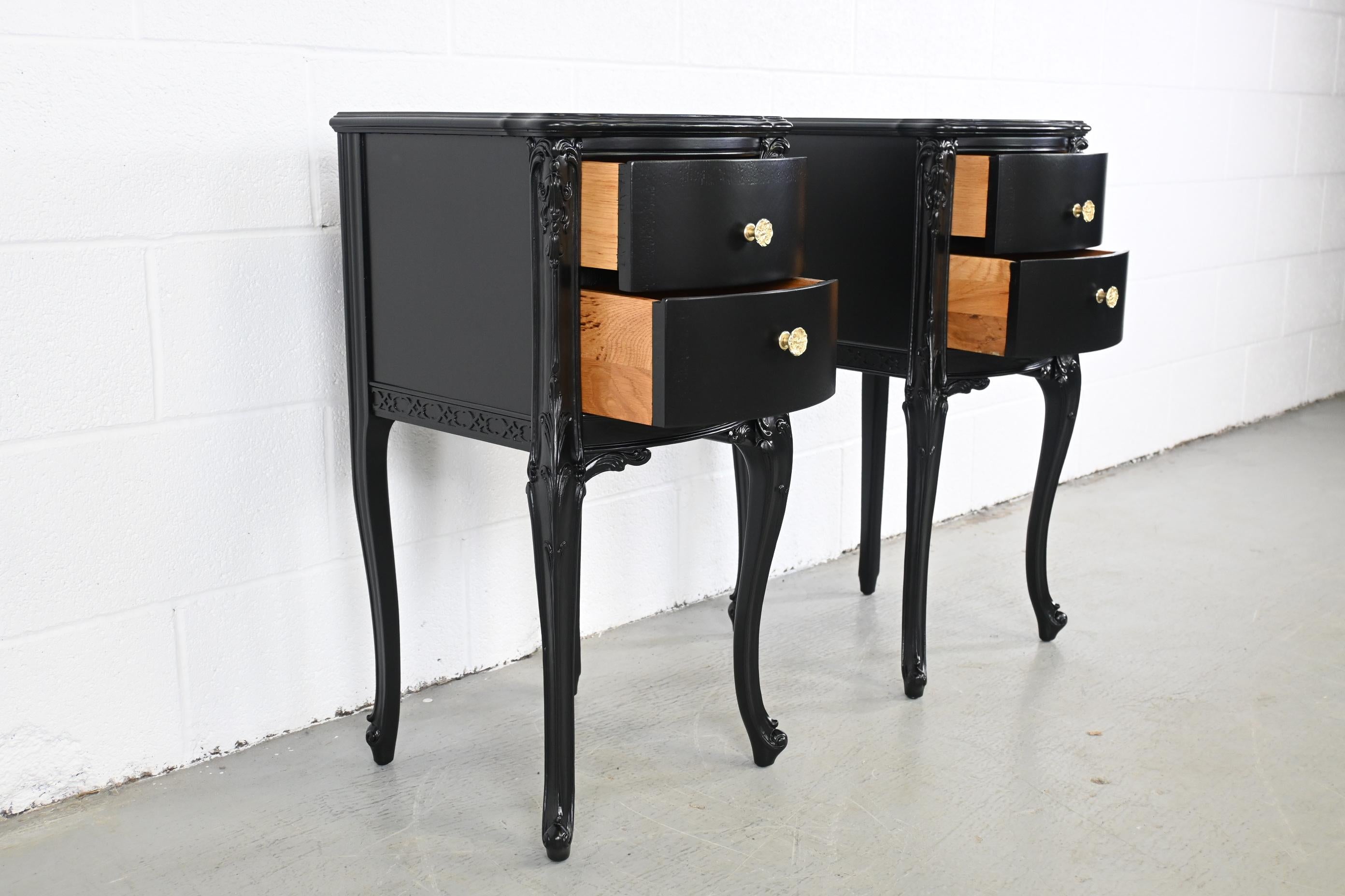 Mid-20th Century Antique French Rococo Style Black Lacquered Nightstands For Sale