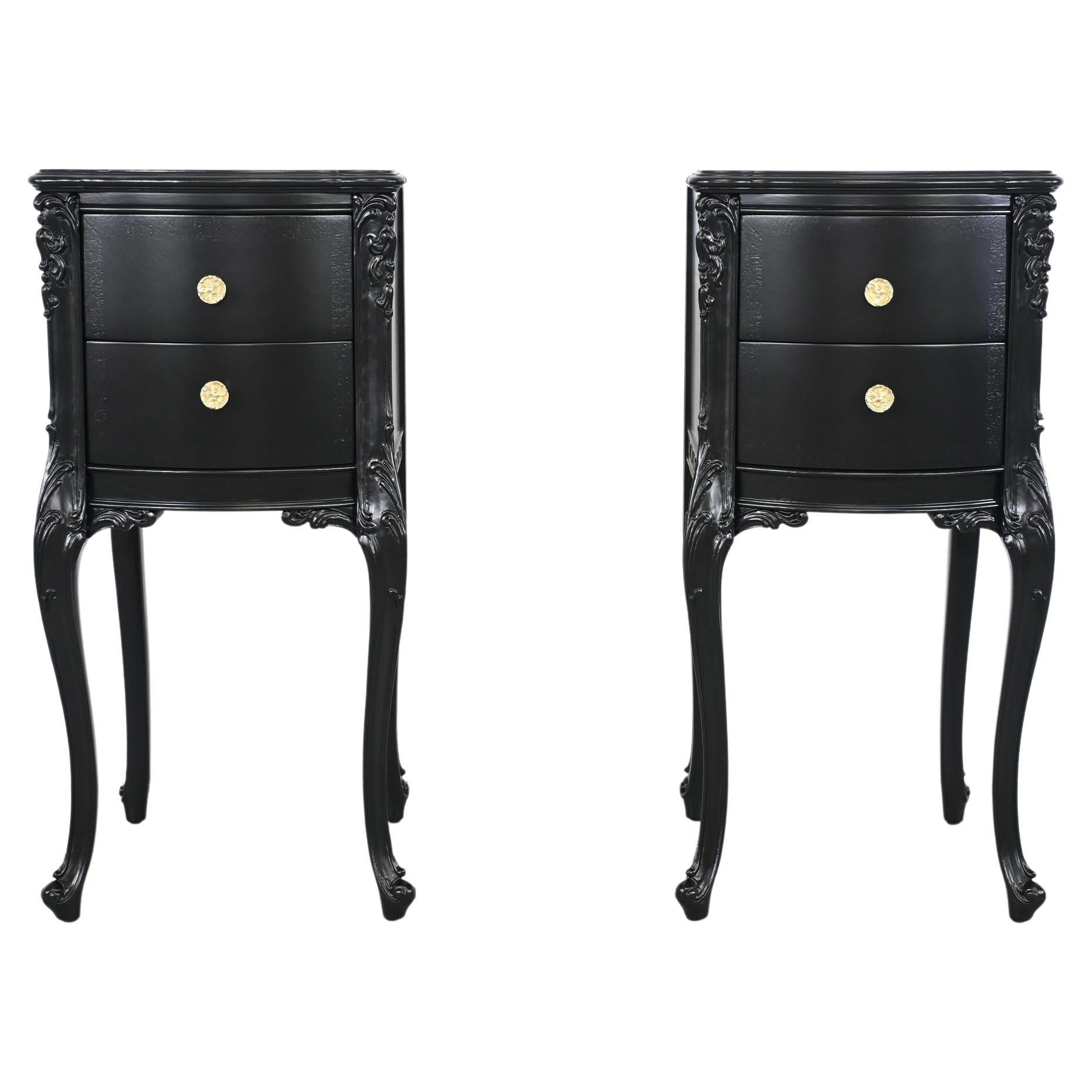 Antique French Rococo Style Black Lacquered Nightstands For Sale