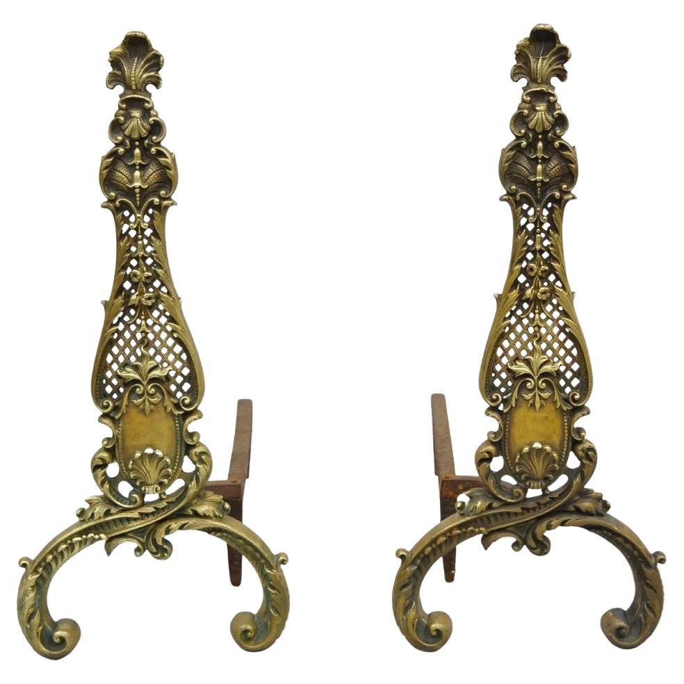 Antiguos Andirones de Bronce y Latón para Chimenea de Estilo French Rococo - un Par