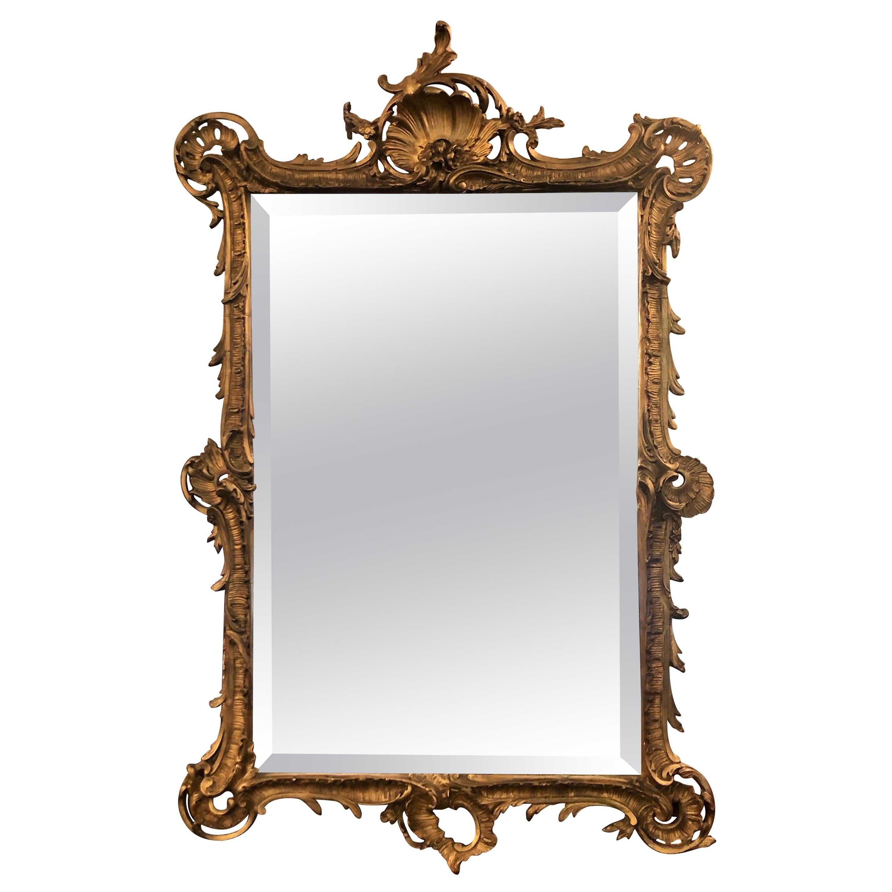 Antique French Rococo Style Carved Gilt Wood Beveled Mirror, Circa 1890-1900