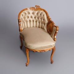 Antique French Rococo Style Carved Satinwood Upholstered Recamier, circa 1930