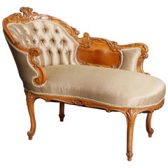 Vintage French Rococo Style Carved Satinwood Upholstered Recamier, circa 1930