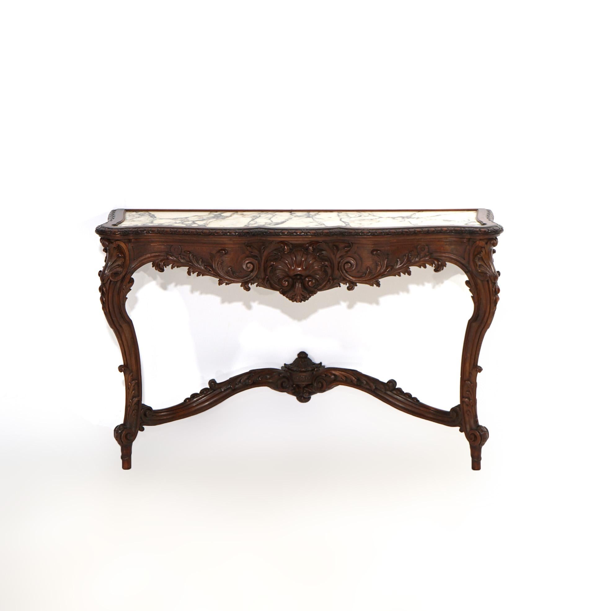 Louis XIV Antique French Rococo Style Carved Walnut & Marble Mirrored Console, c1880 For Sale