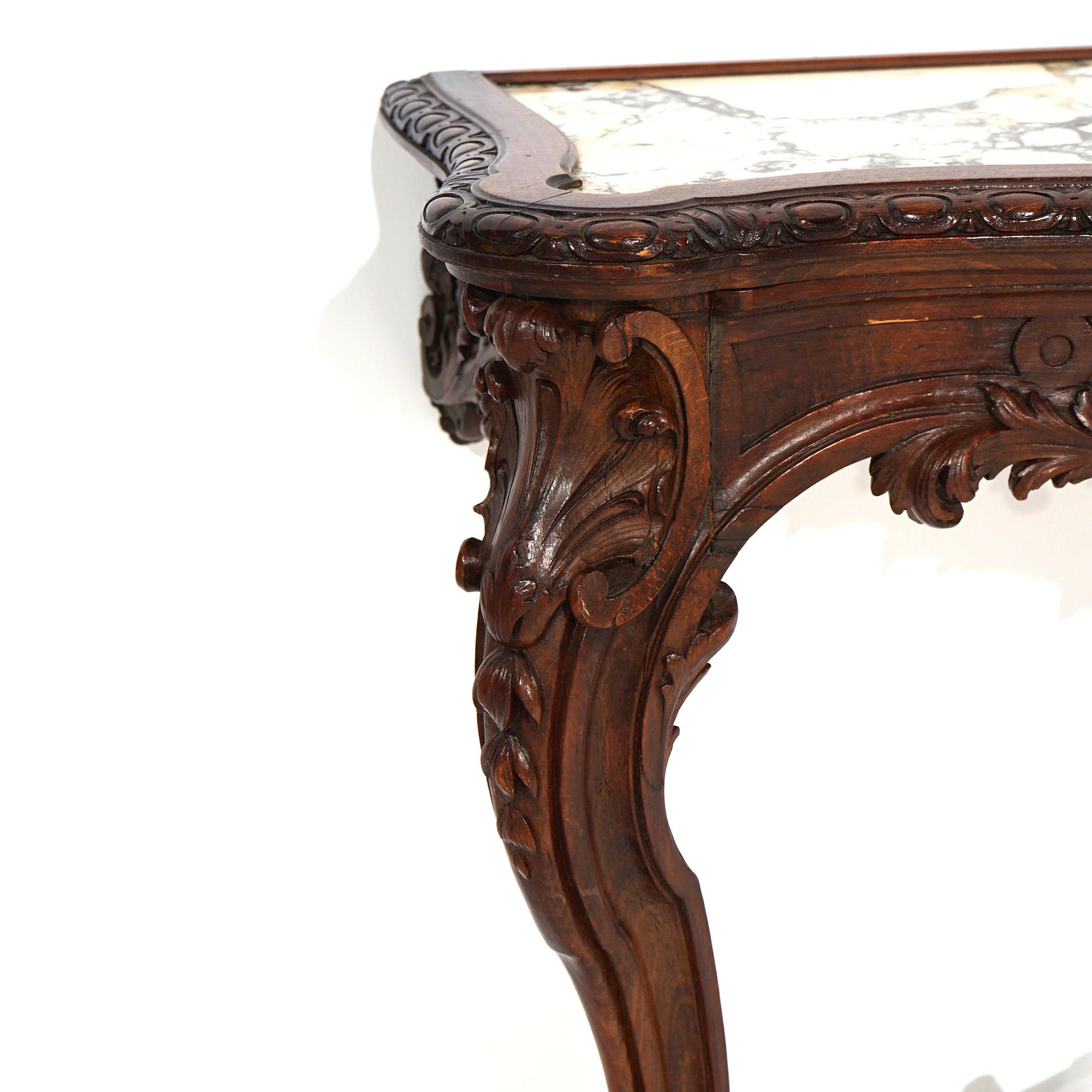 Antique French Rococo Style Carved Walnut & Marble Mirrored Console, c1880 In Good Condition For Sale In Big Flats, NY