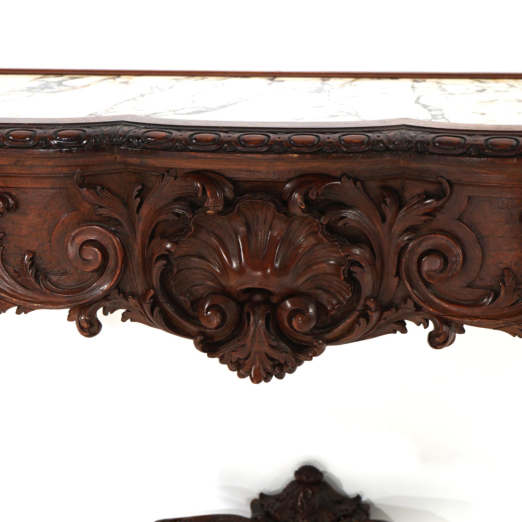 Antique French Rococo Style Carved Walnut & Marble Mirrored Console, c1880 For Sale 2